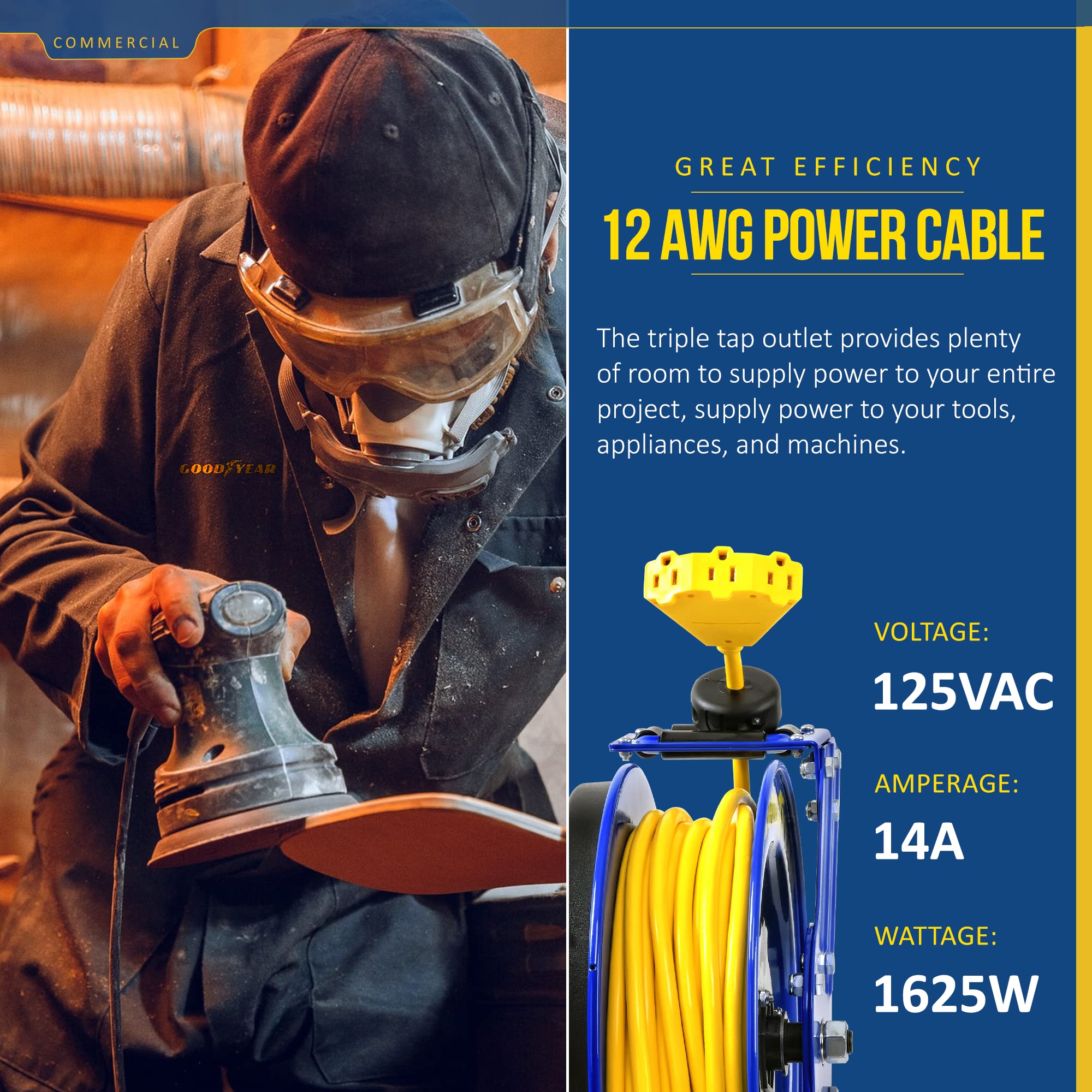 Goodyear Extension Cord Reel Retractable 12AWG x 50' Feet 3C SJTOW Cable Triple Tap Connector Power Rating 125 Volt AC 13 Amp 1625 Watt Industrial Steel Single Arm