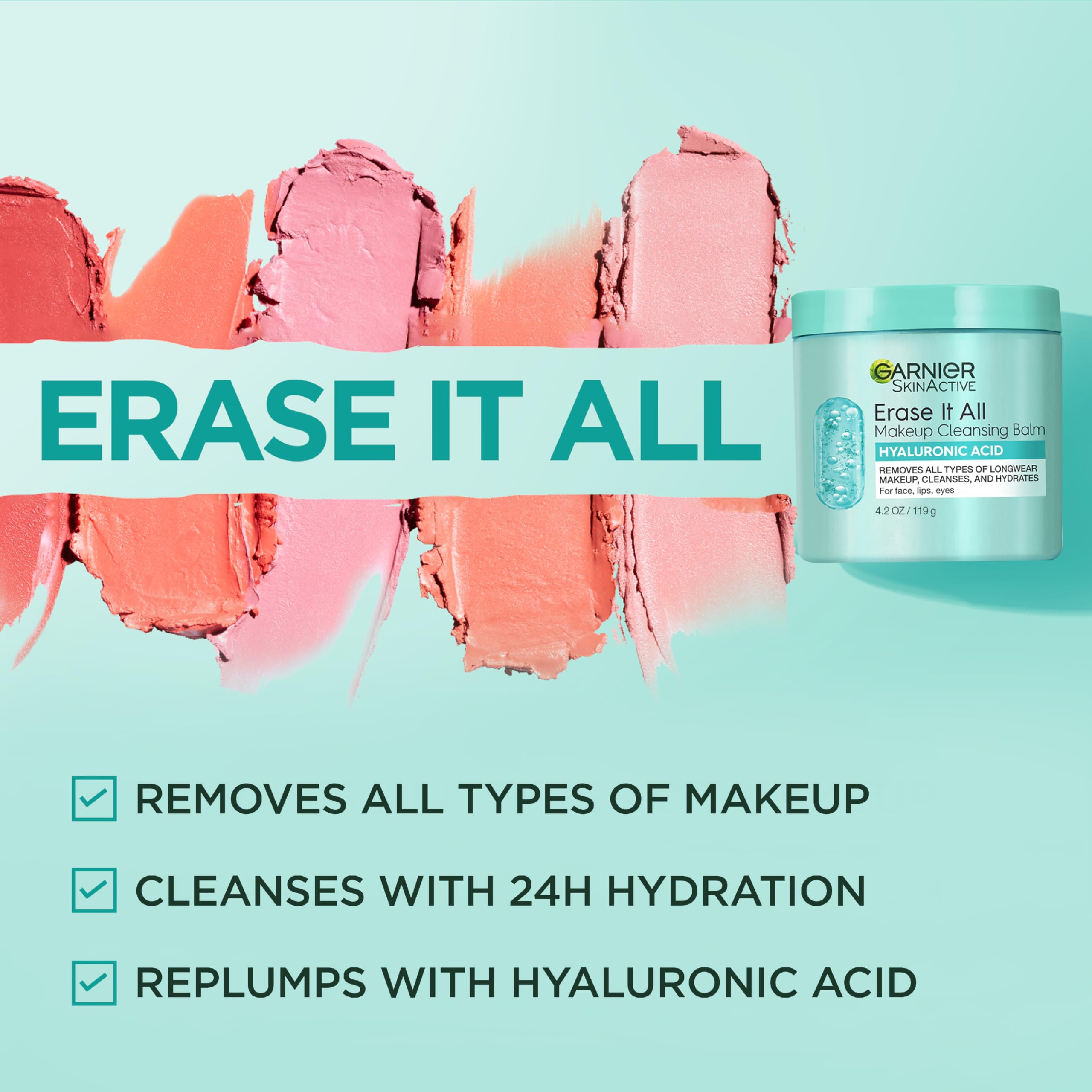 Garnier Erase It All Makeup Cleansing Balm with Hyaluronic Acid, Replumping Facial Cleanser and Makeup Remover, 4.2 Oz