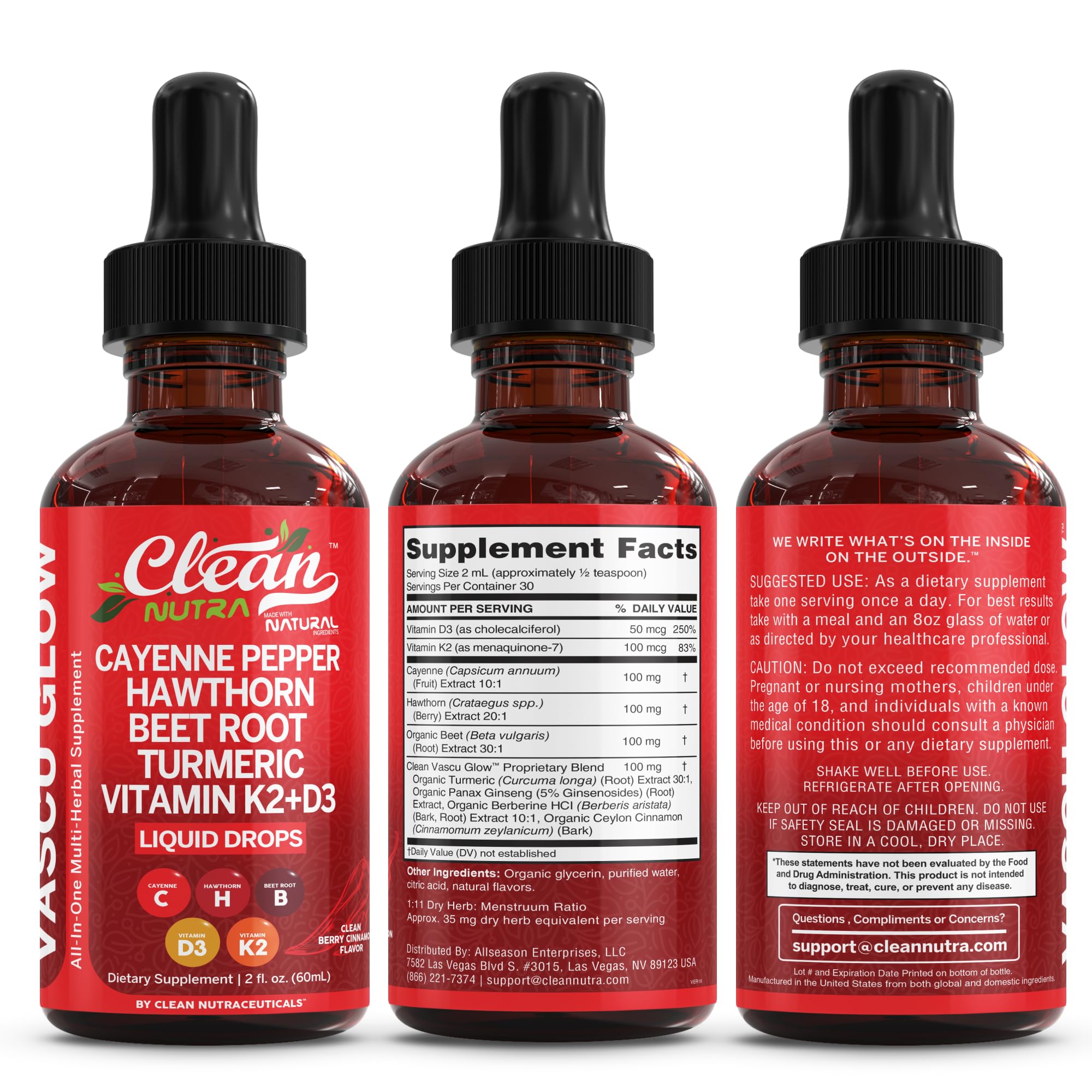 Clean Nutra Cayenne Pepper Drops Supplement Liquid + Hawthorn Berry, Vitamin D3 K2 Beet Root Powder, Ceylon Cinnamon, Turmeric Curcumin, Organic Panax Ginseng, Berberine Extract 1 Pack