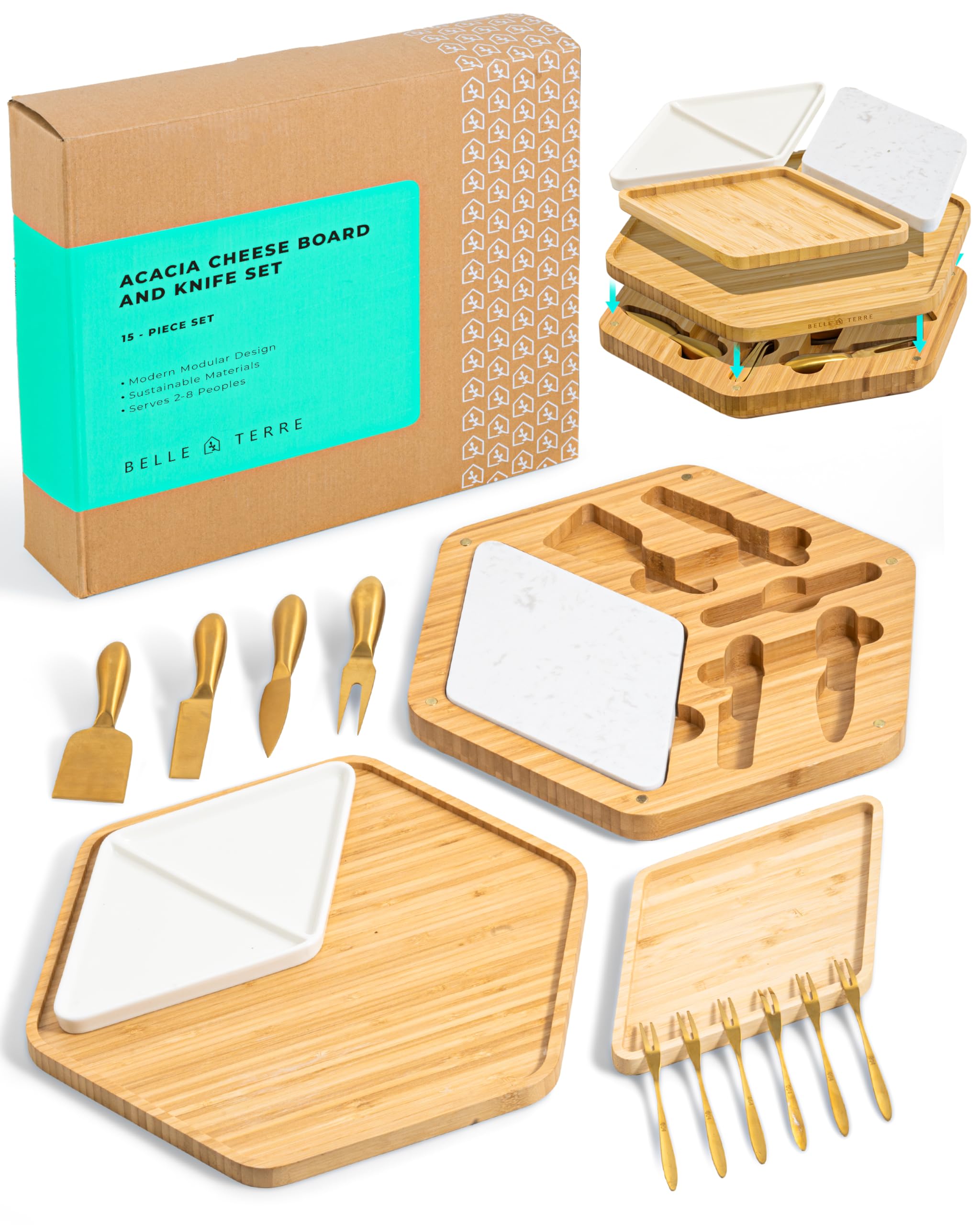 Premium Bamboo Cheese Board and Knife Set - Versatile Charcuterie Board Gift Set with High-Grade Steel Gold Cutlery, Eco-Friendly Giant Modular Design for Entertaining, Ideal for Foodies & Couples