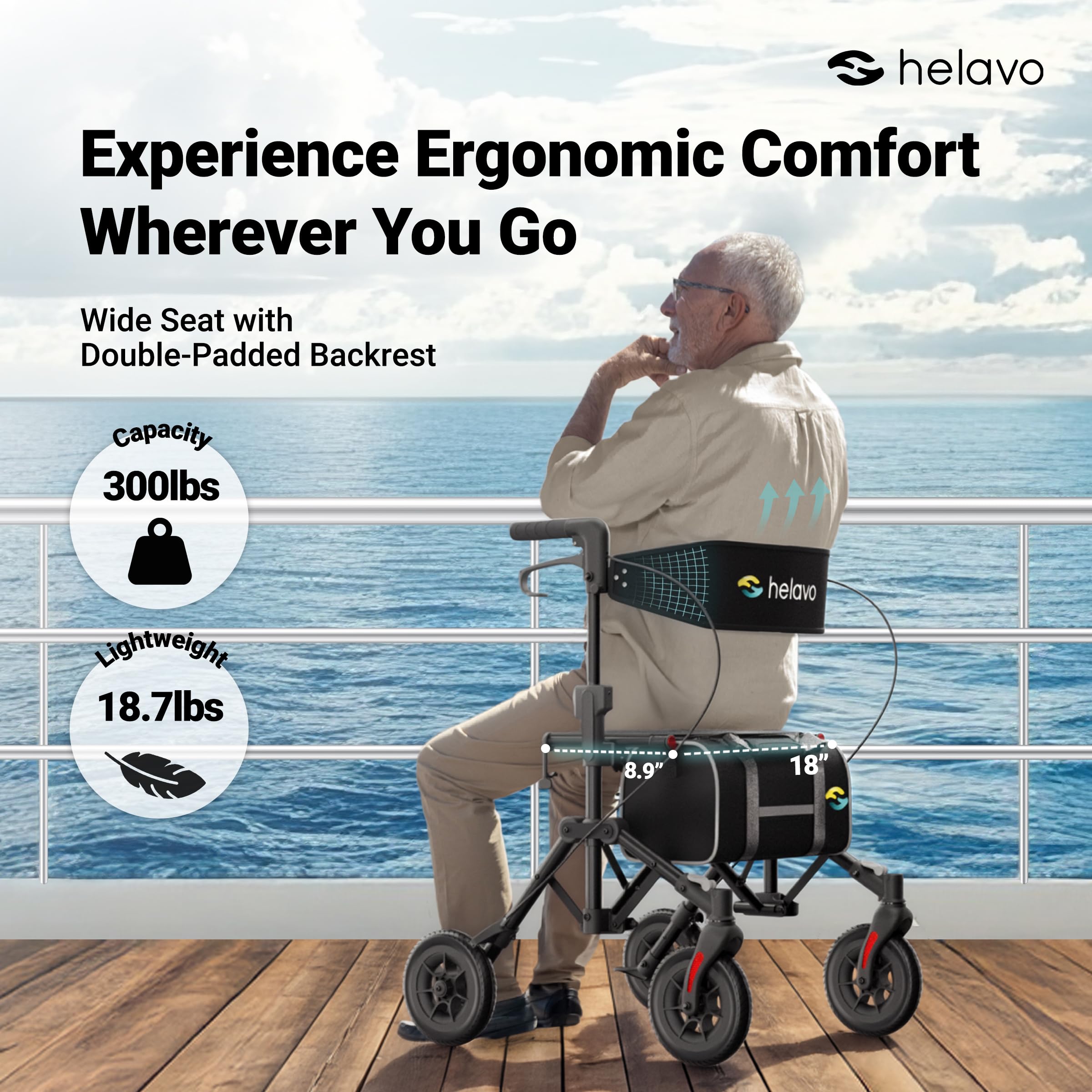 Helavo Ultra-Compact Walker for Seniors with Seat, Fully Assembled Double Folding Rollator, Travel Walker with 8" Rubber Wheels and Height Adjustable Handles