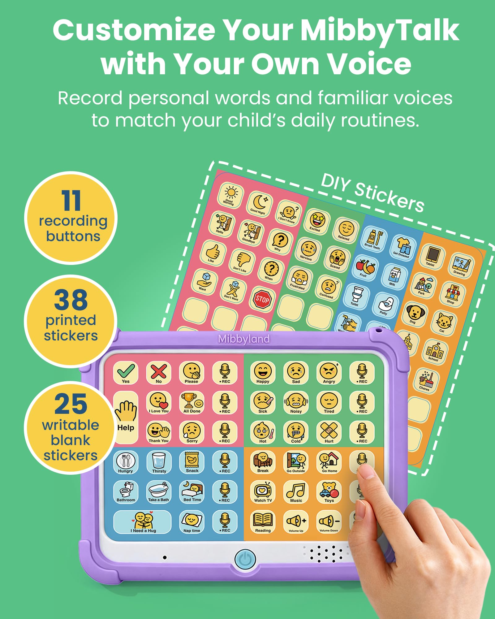 MibbyTalk AAC Device for Autism & Nonverbal Kids and Adults, Communication Tool for Home & School, 32 Preset Buttons, 11 Recording Buttons with Stickers, Silicone Case, Purple, Easter Basket Stuffers