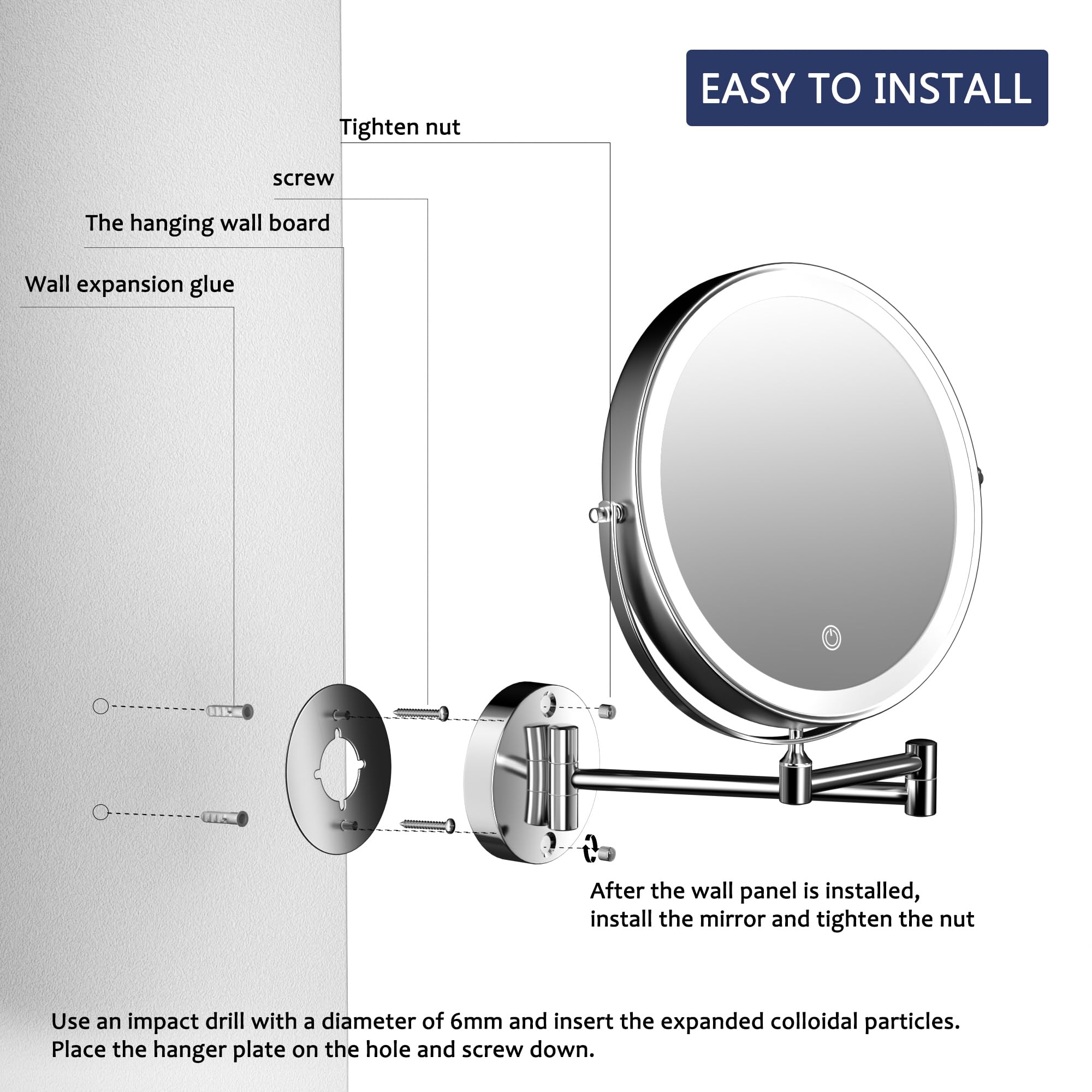 Hasipu 10-Inch Wall Mounted Makeup Mirror with Magnification, Rechargeable 3000 mAh Vanity Mirror with Lights, Bathroom Mirror with Dimmable Brightness, 3 Lighting Modes, Extendable Arm, Chrome