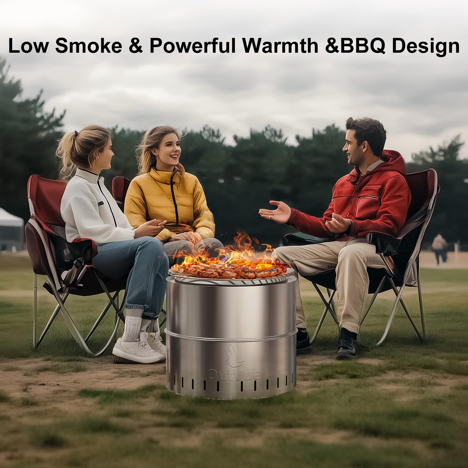 OutVue 19 inch Stainless Steel Smokeless Fire Pit with Grill, Outdoor Smokeless Firepit, Wood Burning Fire Pits for Camping, Bonfire, Low Smoke Firepit for Outside (Vertical Hole)