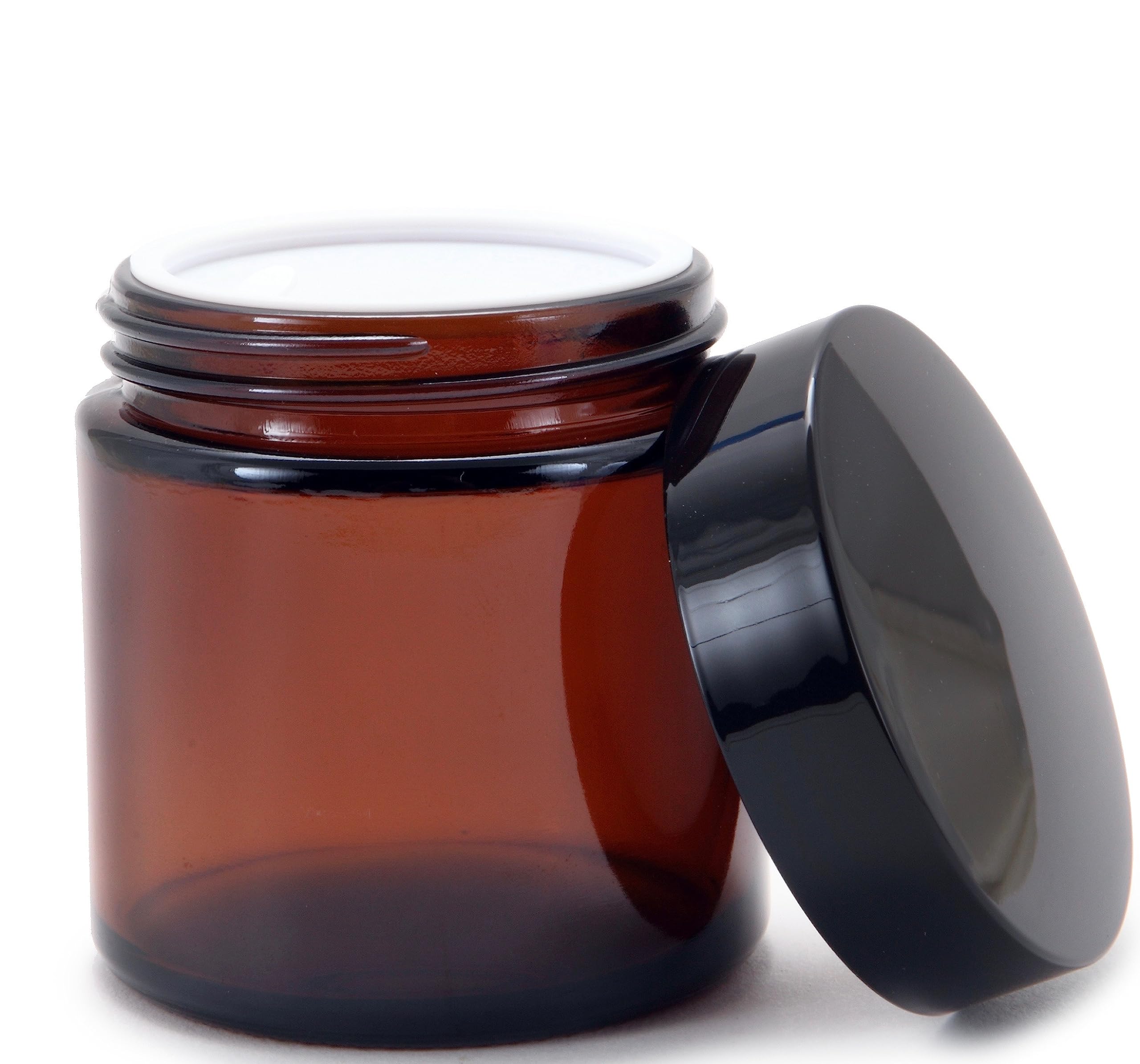 Vivaplex, 12, Amber, 4 oz, Round Glass Jars, with Inner Liners and black Lids