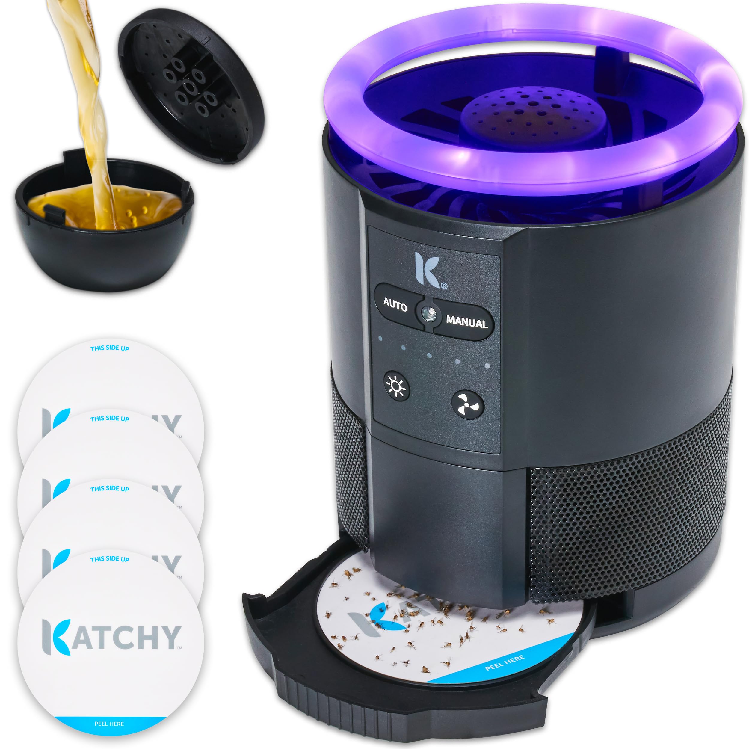 Katchy Duo Indoor Insect Trap with Scent Pod - Fan Powered with UV Light - Fruit Fly Traps for Indoors - for Fruit Flies, Gnats, Mosquitoes, Moths (Black)