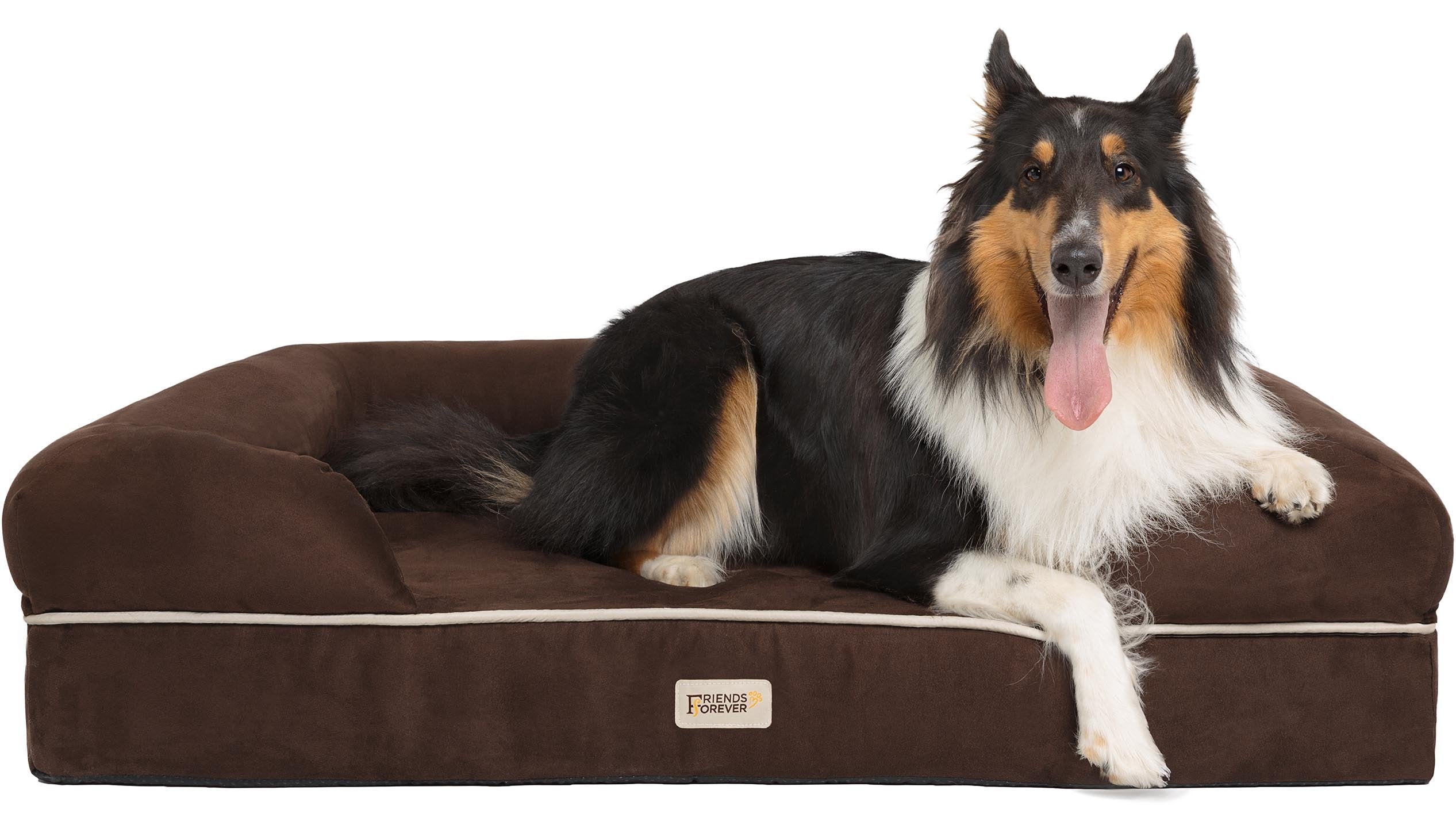 Friends Forever X-Large Dog Bed, Orthopedic Dog Sofa Memory Foam Mattress, Calming Dog Couch Bed, Wall Rim Pillow, Water Resistant Liner, Washable Cover, Non-Slip Bottom, Chester, X-Large Cocoa Brown