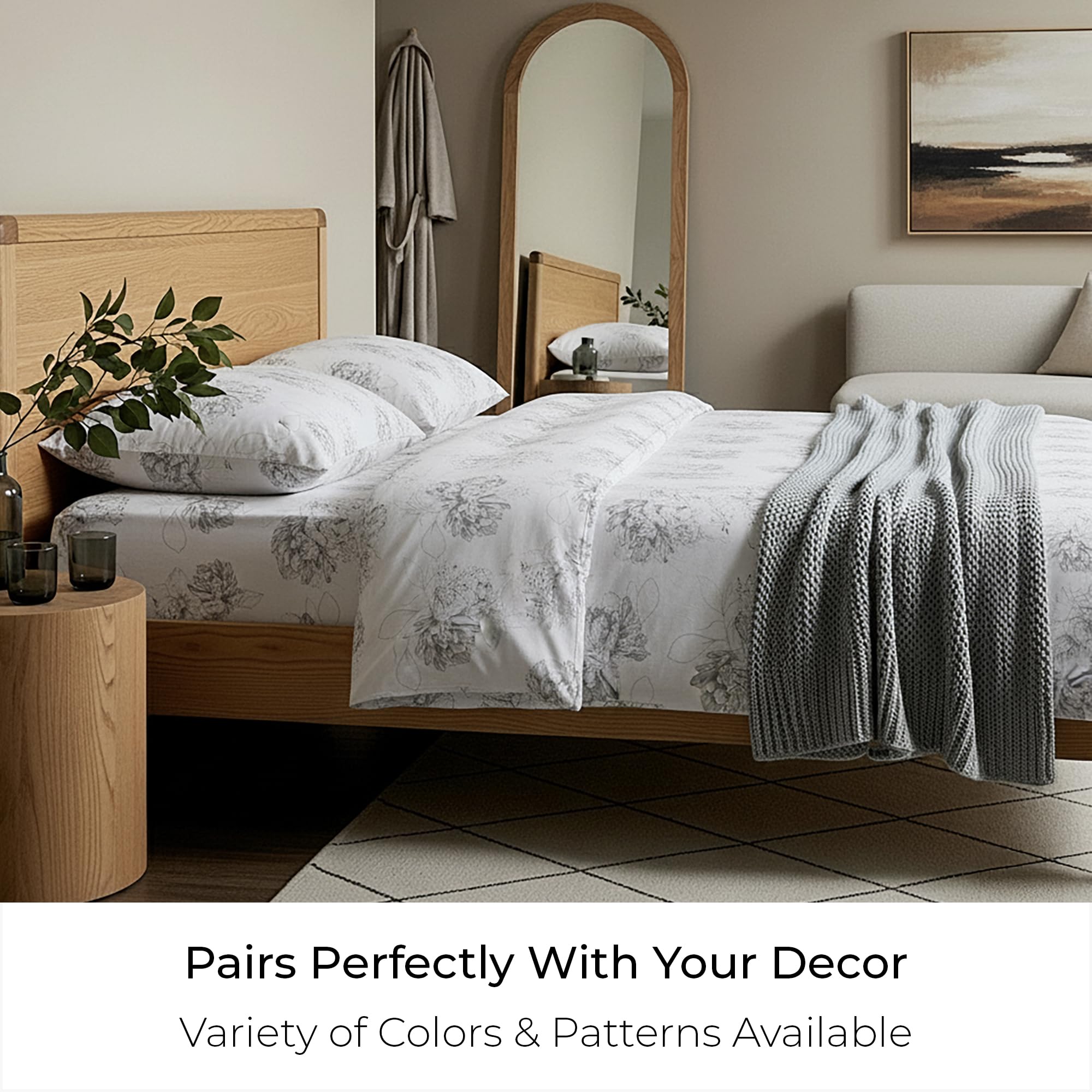 Mellanni Flannel Bed Sheet Set - 4 Piece Luxury 100% Heavyweight 180GSM Cotton - Cozy, Soft & Breathable - Deep Pockets with All-Around Elastic - Warm & Comfortable (Queen, Floral Feathers)