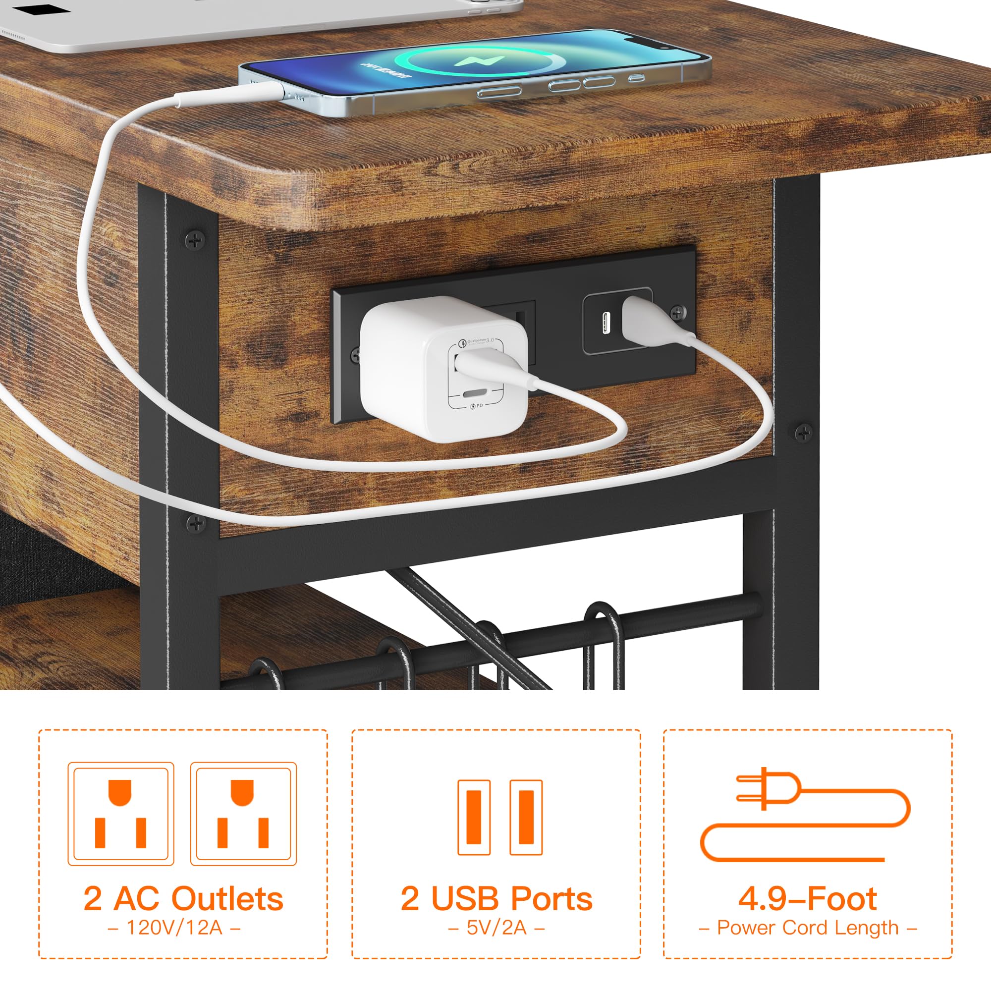 End Table with Charging Station, Sofa Couch Table with Farbic Bag and Side Hooks, Flip Top Side Table with USB Ports and Outlets, Narrow Nightstand for Living Room Bedroom, Space Saving (Rustic Brown)