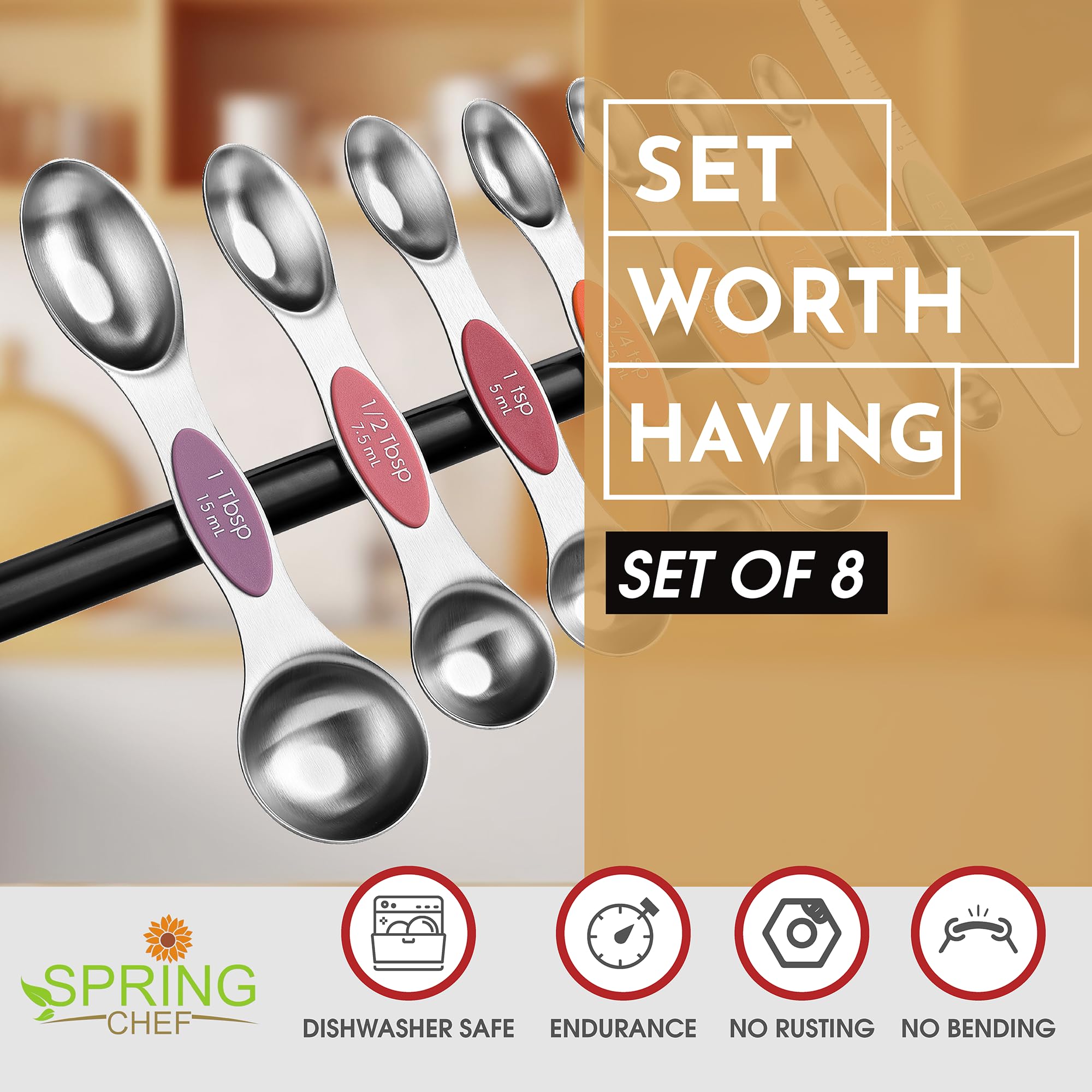 Spring Chef Stainless Steel Metal Magnetic Measuring Spoons Set of 8 with Leveler, Heavy Duty Nesting Teaspoon & Tablespoon Measuring Spoons, Kitchen Gadgets for Baking & Cooking - Desert Sunset