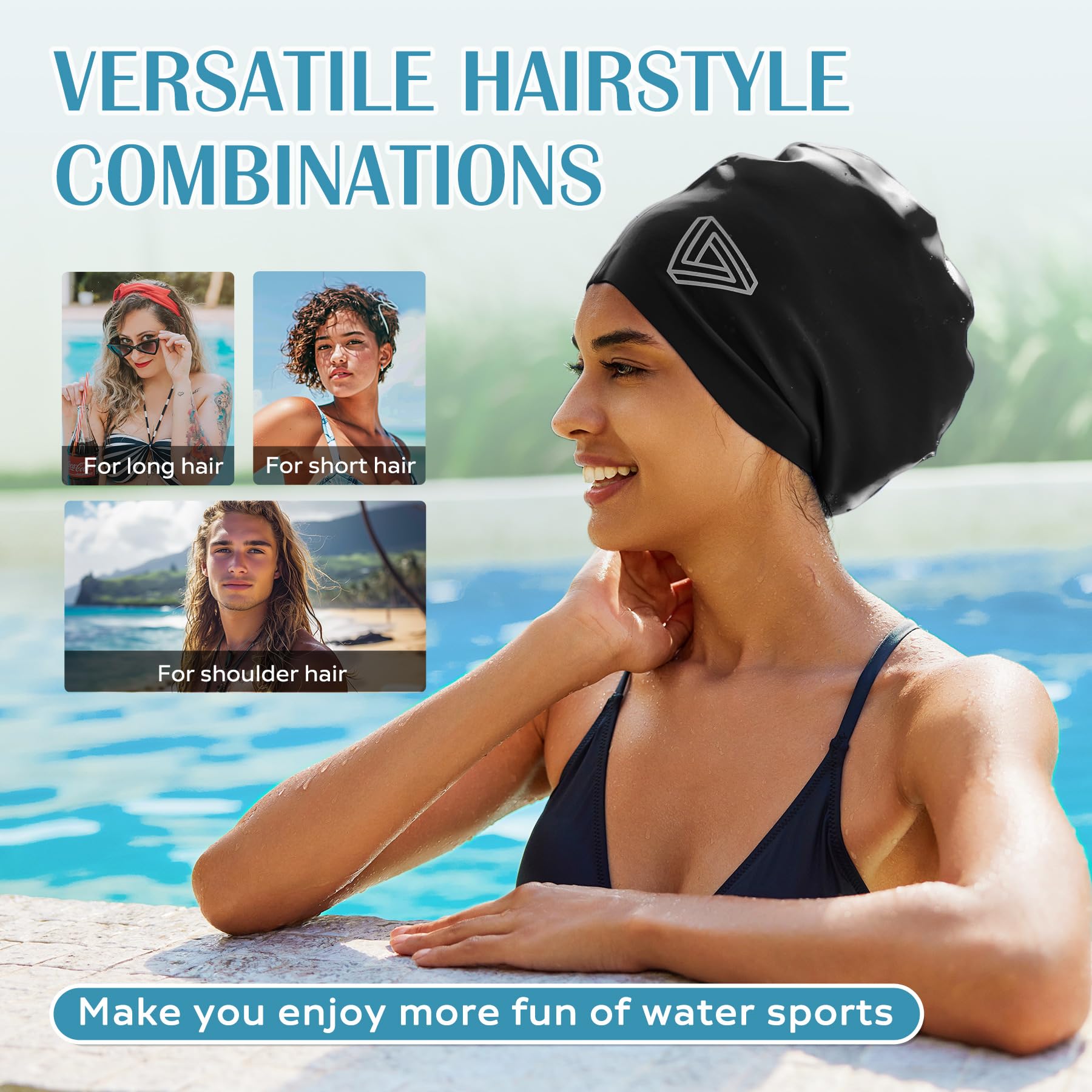 Large Swimming Cap, Suitable for Men and Women, Specially Designed Swimming Cap, Suitable for Very Long and Thick Curly Hair and Braids, Keep Hair Dry (Black)