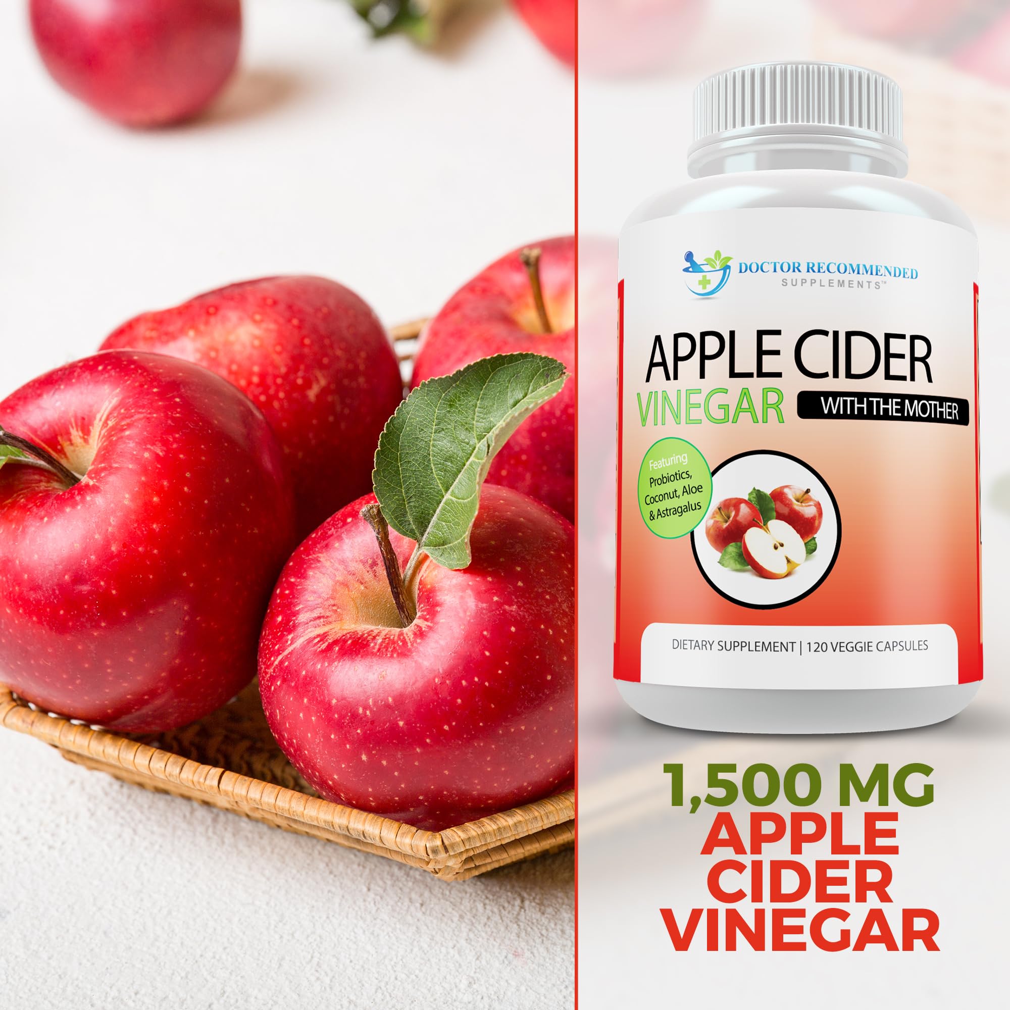 Apple Cider Vinegar Capsules - 100% Organic Apple Cider Vinegar Pills 1500 mg - Natural Digestion, Immune Booster Support & Cleansing Supplement with Probiotics - Made in The USA