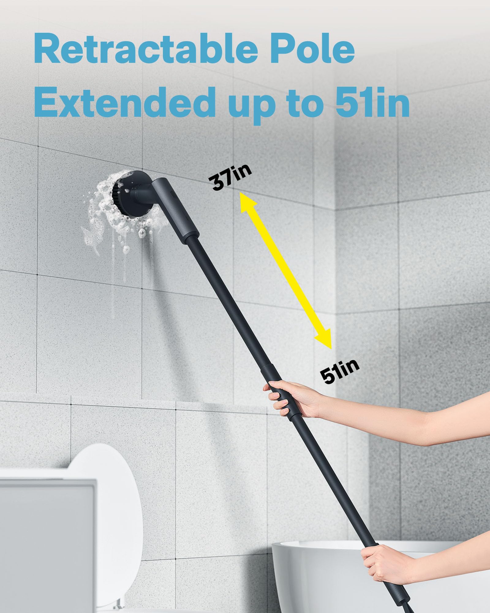 HOTO Electric Spin Scrubber, IPX7 Full Body Waterproof Bathroom Shower Cleaning Brush, Shower Scrubber Brush with Long Handle, 6 Brush Heads, Power Scrubber for Shower, Bathroom, Floor, Tile
