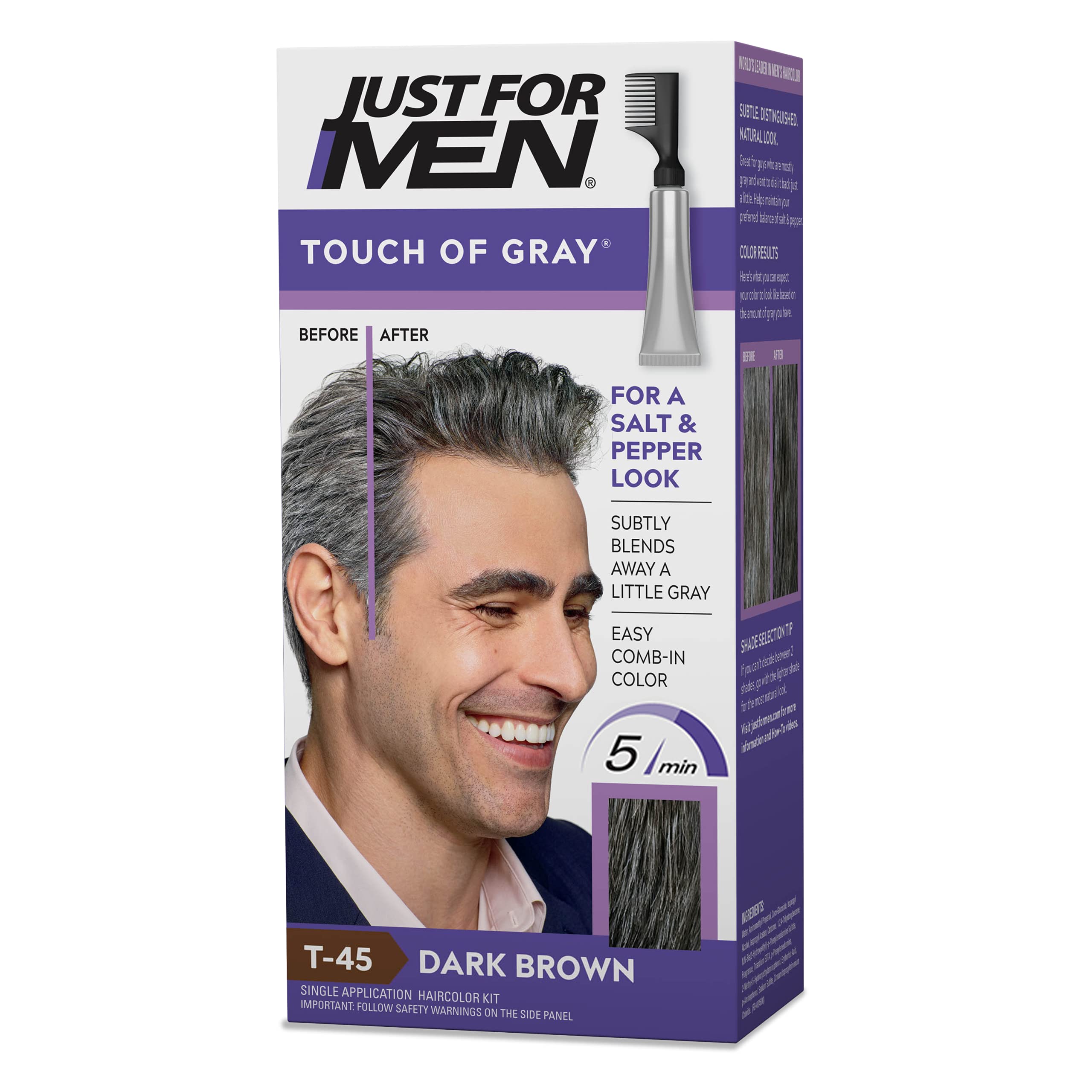 Just For Men Touch of Gray, Mens Hair Color Kit with Comb Applicator for Easy Application, Great for a Salt and Pepper Look - Dark Brown, T-45, Pack of 1