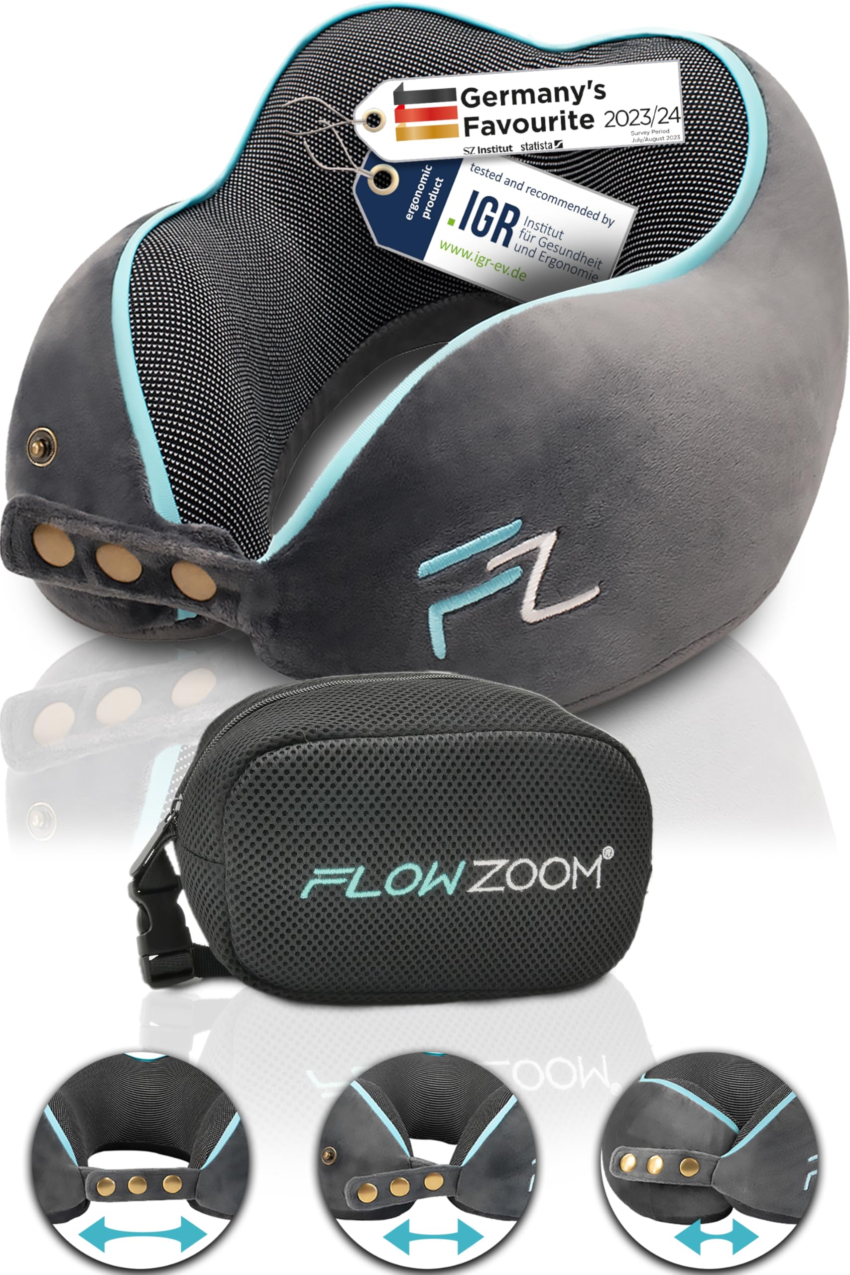 FLOWZOOM Travel Pillow Memory Foam - Airplane Neck Pillow for Long Flight - Travel Pillows for Airplanes - Adjustable Travel Neck Pillow - Flight Pillow - Car & Plane Pillow - Adults, Grey