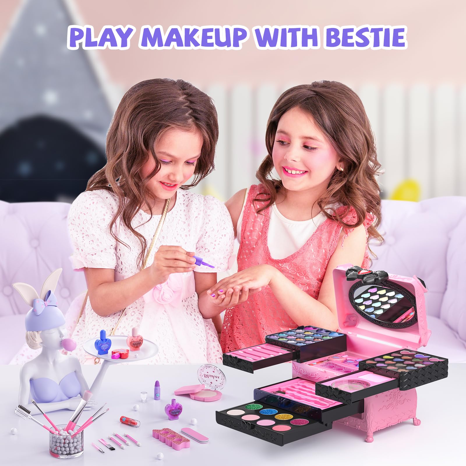 Kids Makeup Kit for Girl - 66pcs Real Makeup for Kids Girls Toys, Washable Girls Makeup Kit, Non Toxic Kids Makeup Brithday for Girls Toddlers 3 4 5 6 7 8 9 10 12 Year Old