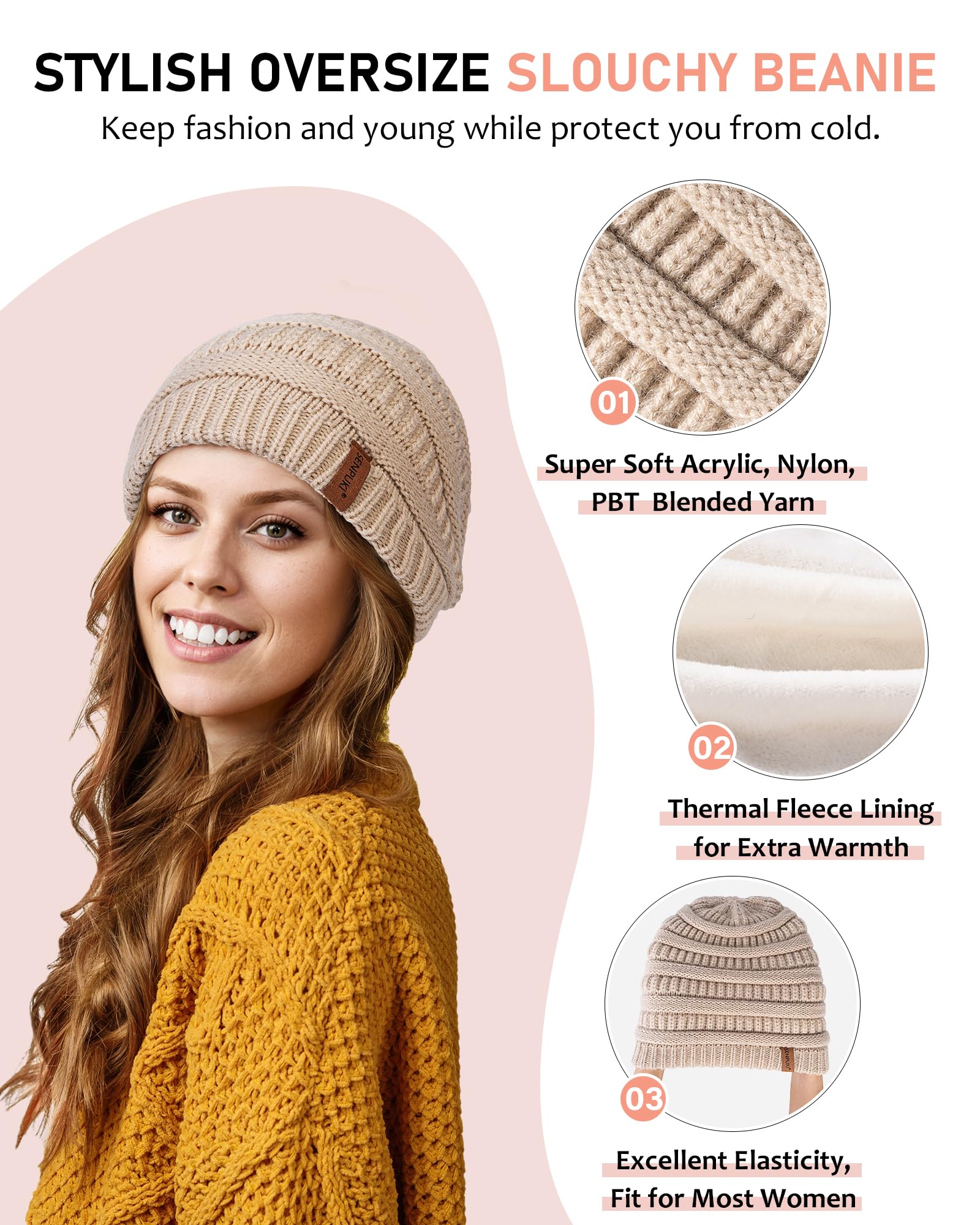 Womens Winter Beanie Hat Scarf Gloves Headband Set, Slouchy Beanie Ear Warmer with Fleece Lined Thick Knit Neck Scarf Touchscreen Gloves, 4 Piece Fashionable Warm Gift Set for Cold Weather(Oatmeal)