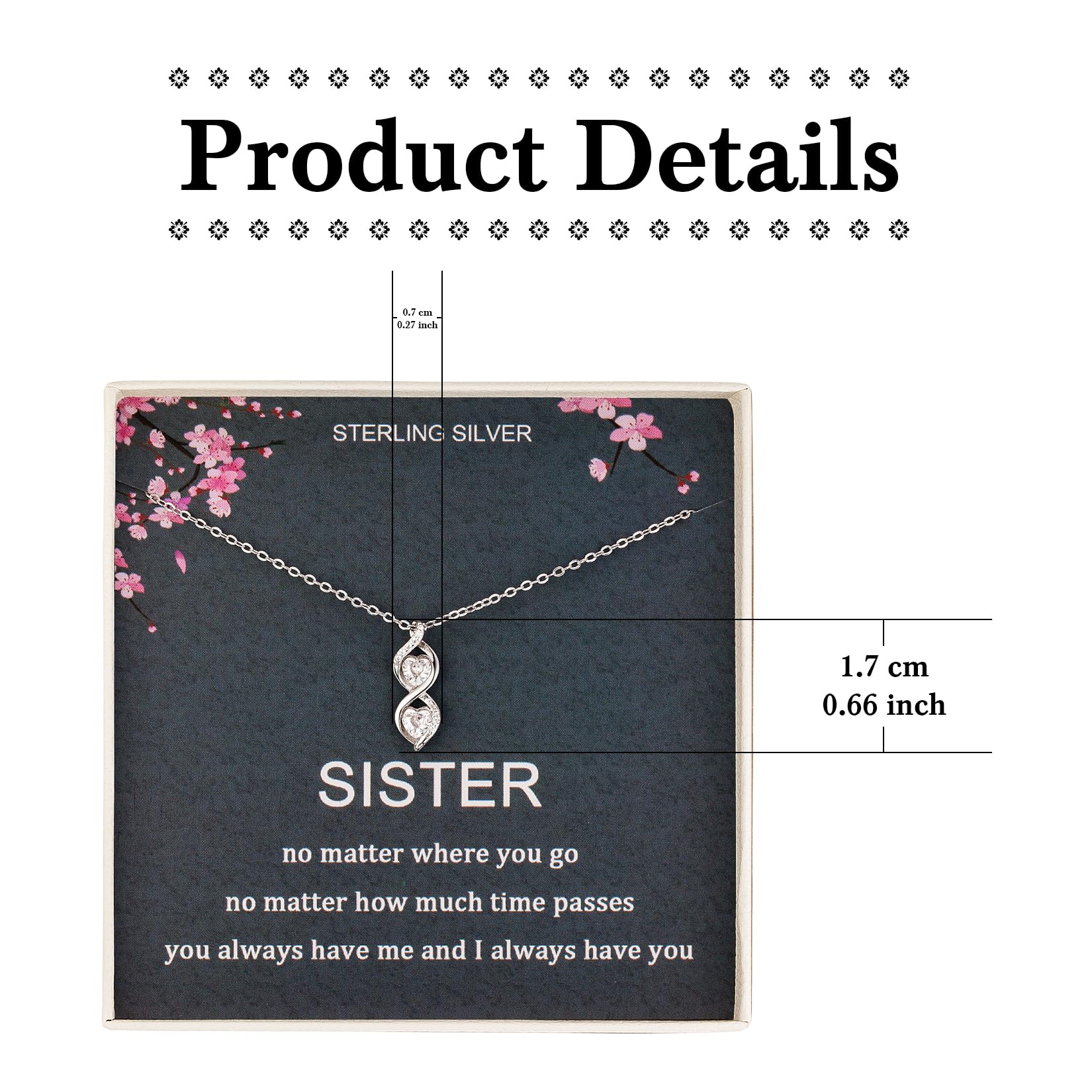 Sister Gifts from Sister, Sterling Silver Infinite Two Interlocking Infinity Double Hearts Necklace, Birthday Jewelry Gift Necklaces for Sisters, No Matter