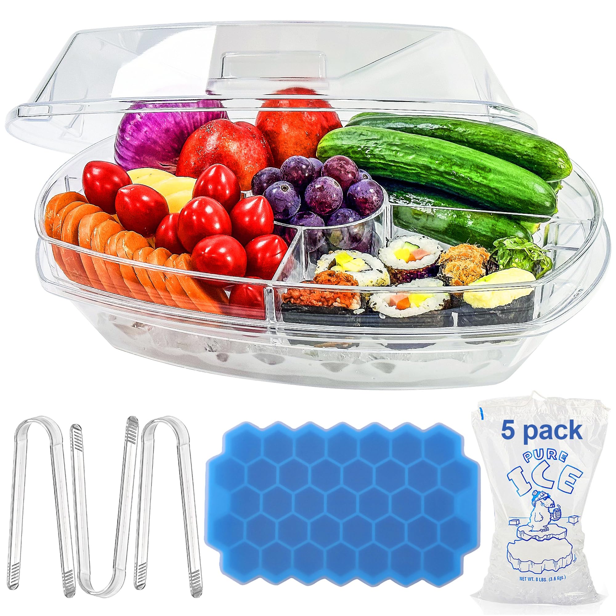 15 Inches Divided Serving Tray, Party Serving Platters and Trays w/Lid, Snackle Box Container, Fruit Tray, Veggie Tray, Chilled Serving Trays for Food, Appetizers, Desserts, Cold Food Buffet Server