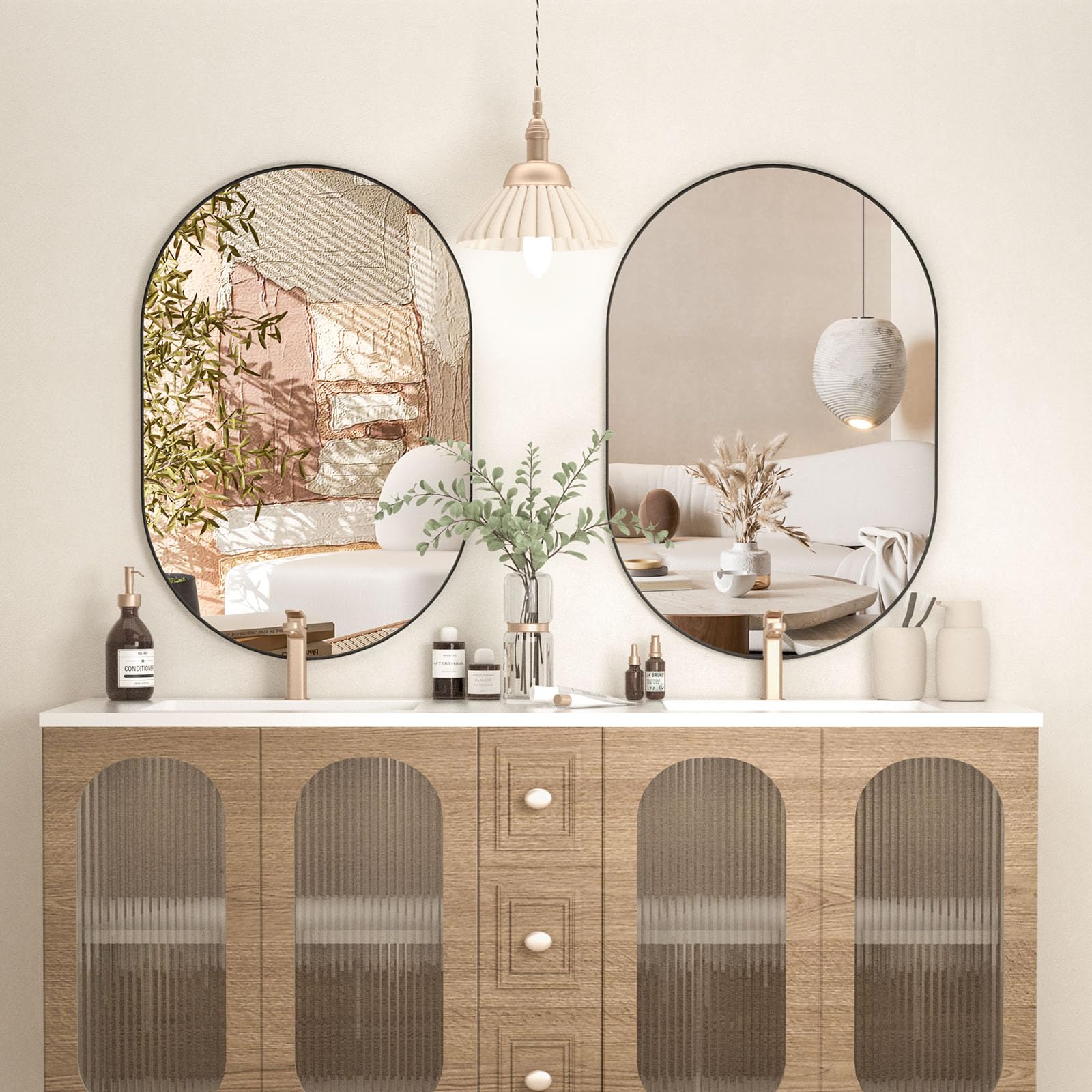 CASSILANDO 2 Pieces Oval Mirror, 20"×30" Oval Bathroom Mirror, Metal Frame Mirror, Hang Horizontally or Vertically Unique Wall Mounted Mirror, Black Vanity Mirror for Living Room, Bathroom