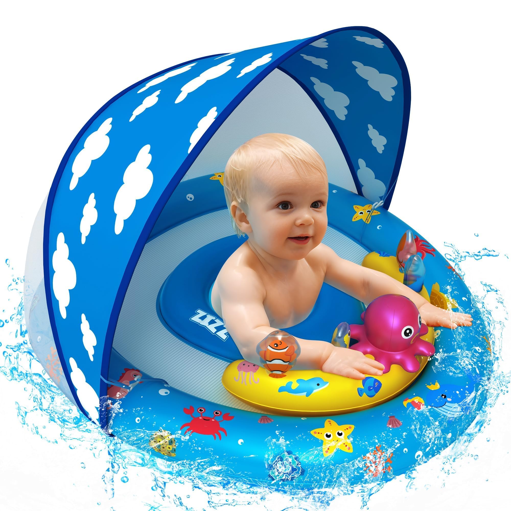 ZIZZ Baby Swim Float Toys - Baby Pools 6-12 Months, Pool Float with Canopy Swimming Toys for Baby 6-12 Months & 1 2 Year Old Toddler Summer Outdoor Play Kids Boy Girl Gifts