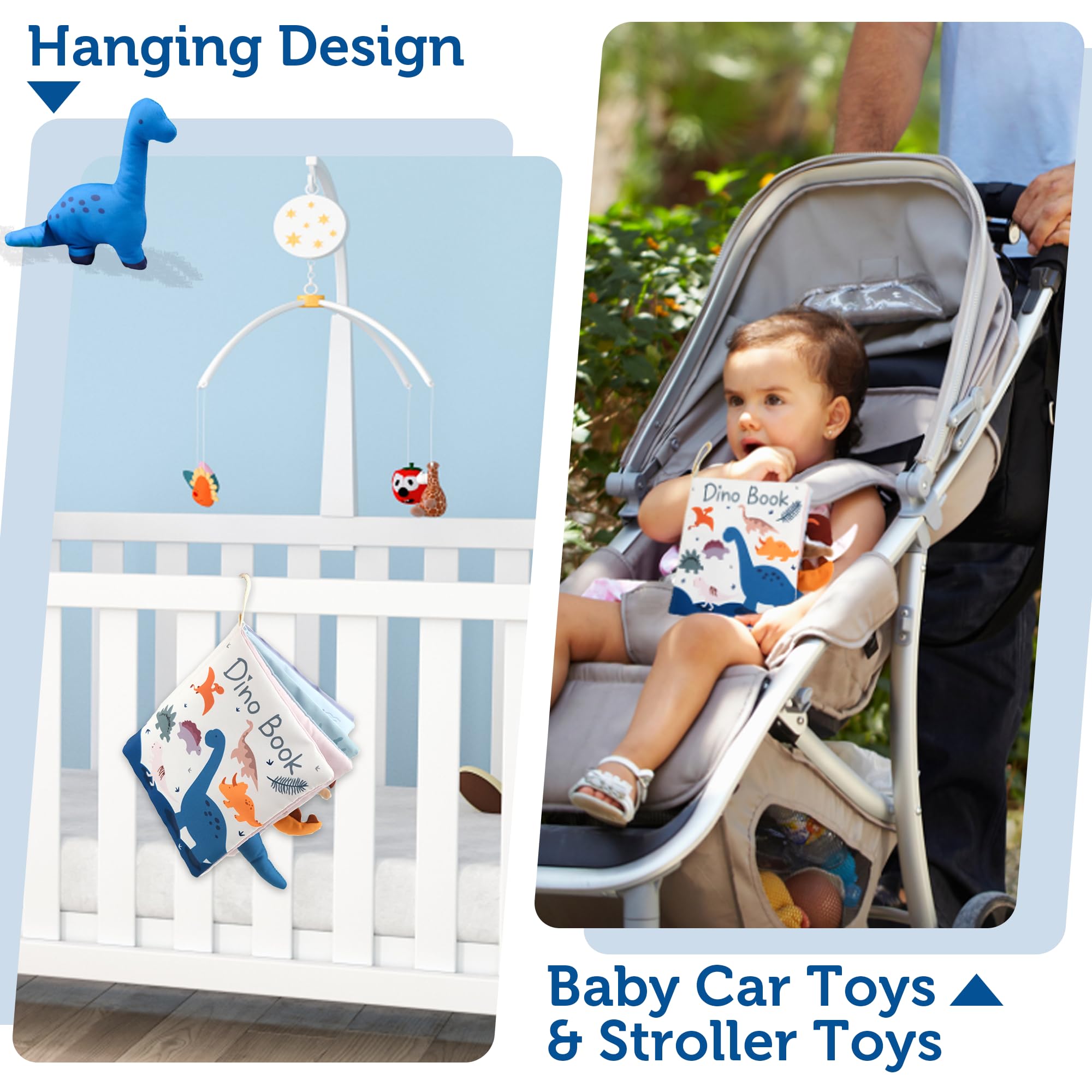 Richgv Baby Books Toys 0-6-12 Months, Baby Boy Girl Gifts Toys 0-6-12 Touch and Feel 3D Books with Dino Doll, Newborn Infant Carseat Toys Teething Toys Christmas Stocking Stuffers for Boys Girls
