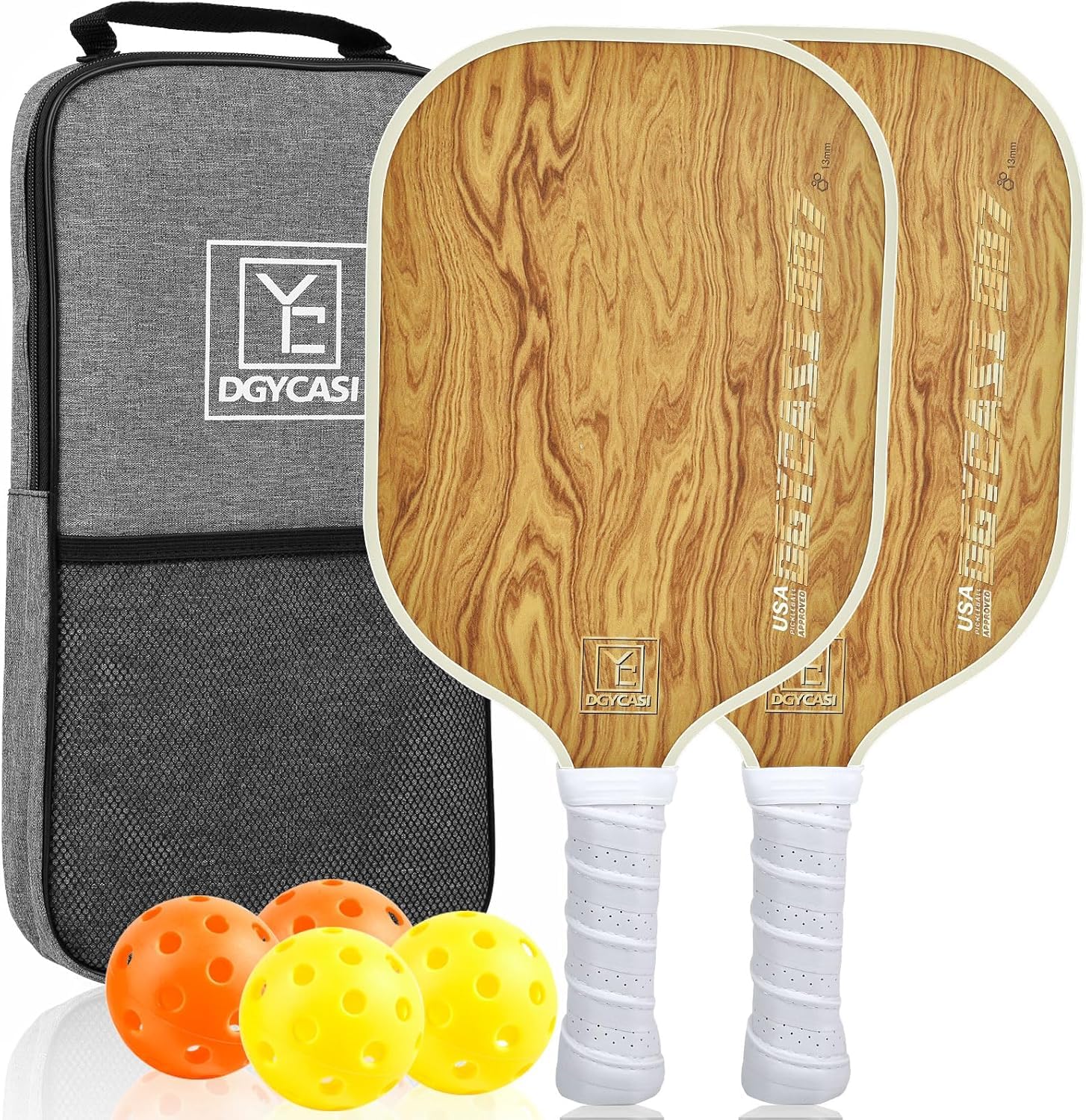 Pickleball Paddles Set of 2, USAPA Approved, Fiberglass Surface, Polypropylene Honeycomb Core, Anti-Slip Sweat-Absorbing Grip, 2 Outdoor Pickleball 2 Indoor Pickleball, Portable Carry Bag (Wood Grain)