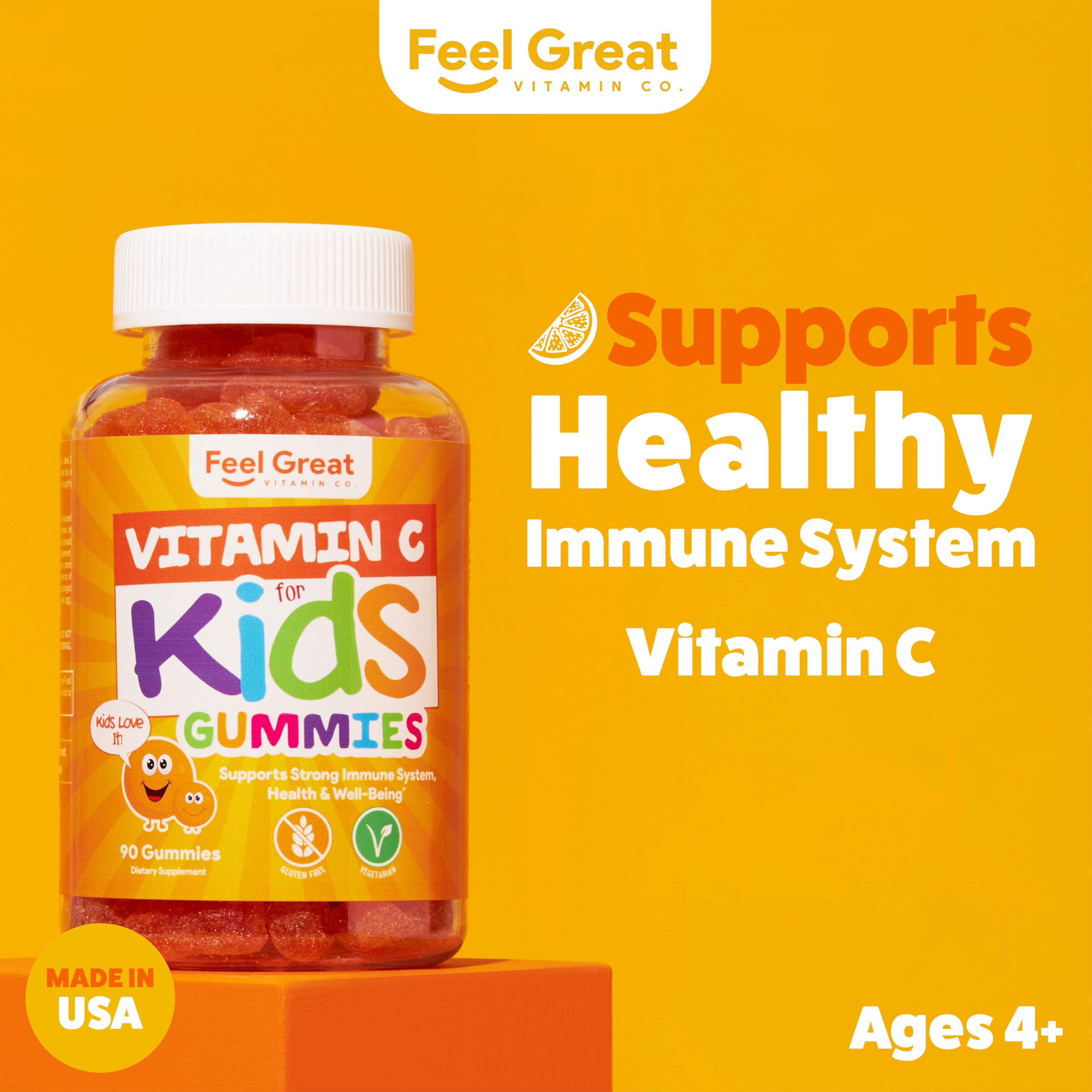 Feel Great Vitamin C Gummies for Kids | Chewable Orange Flavored Gluten Free & Vegetarian Gummies| Immune Support for Kids | 250 MG Kids Vitamin C | 45 Day Supply