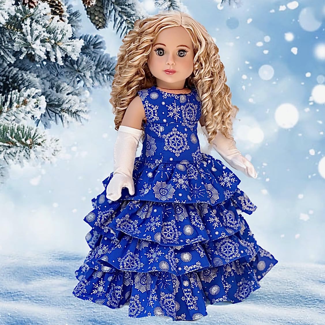 Silver Snowflake - 3 Piece 18 inch Doll Outfit - Blue Gown with White Stole and Long Gloves - (Doll Not Included)