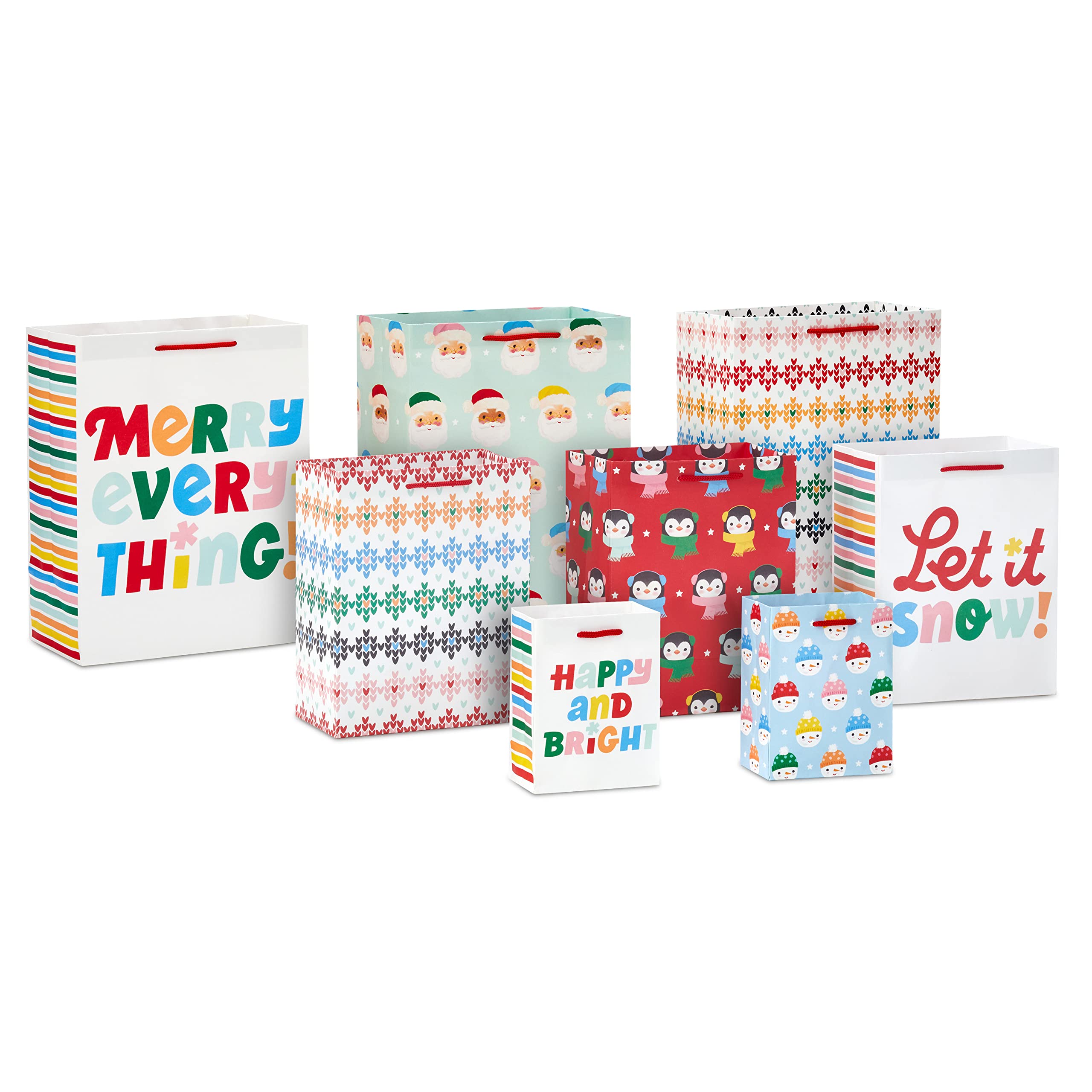 Hallmark Christmas Gift Bag Assortment (8 Bags: 2 Small 5", 3 Medium 8", 3 Large 11") Pink, Mint Green, Red, Blue, Yellow, "Merry Everything," "Let It Snow," "Happy Bright," Penguins, Snowmen, Santa