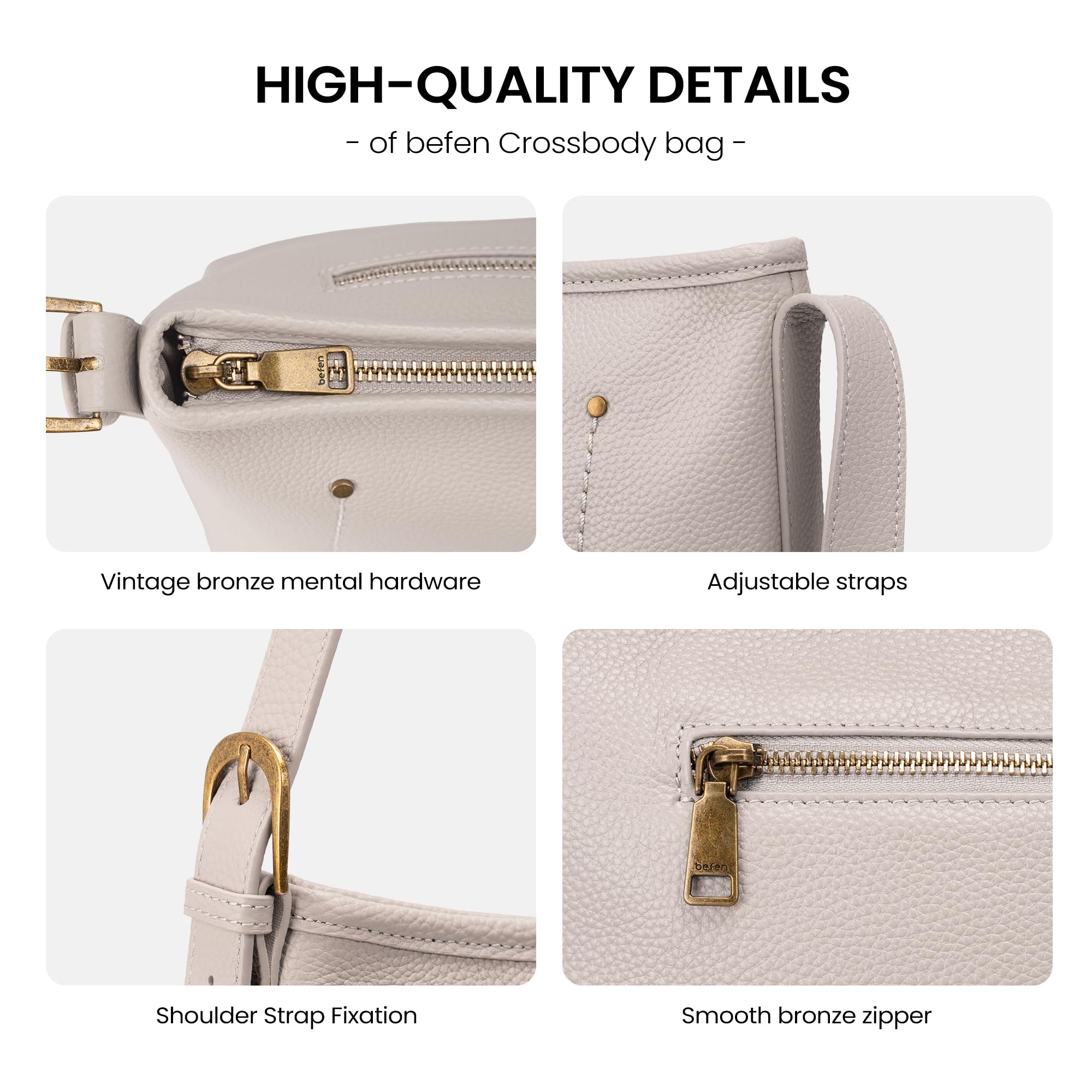 befen Genuine Leather Purse for Women Medium Size RFID Crossbody Bags for Women Travel Soft Real Leather Hobo Bags with 7 Card Slots Designer Shoulder Handbag with Adjustable Strap for Everyday, Gray