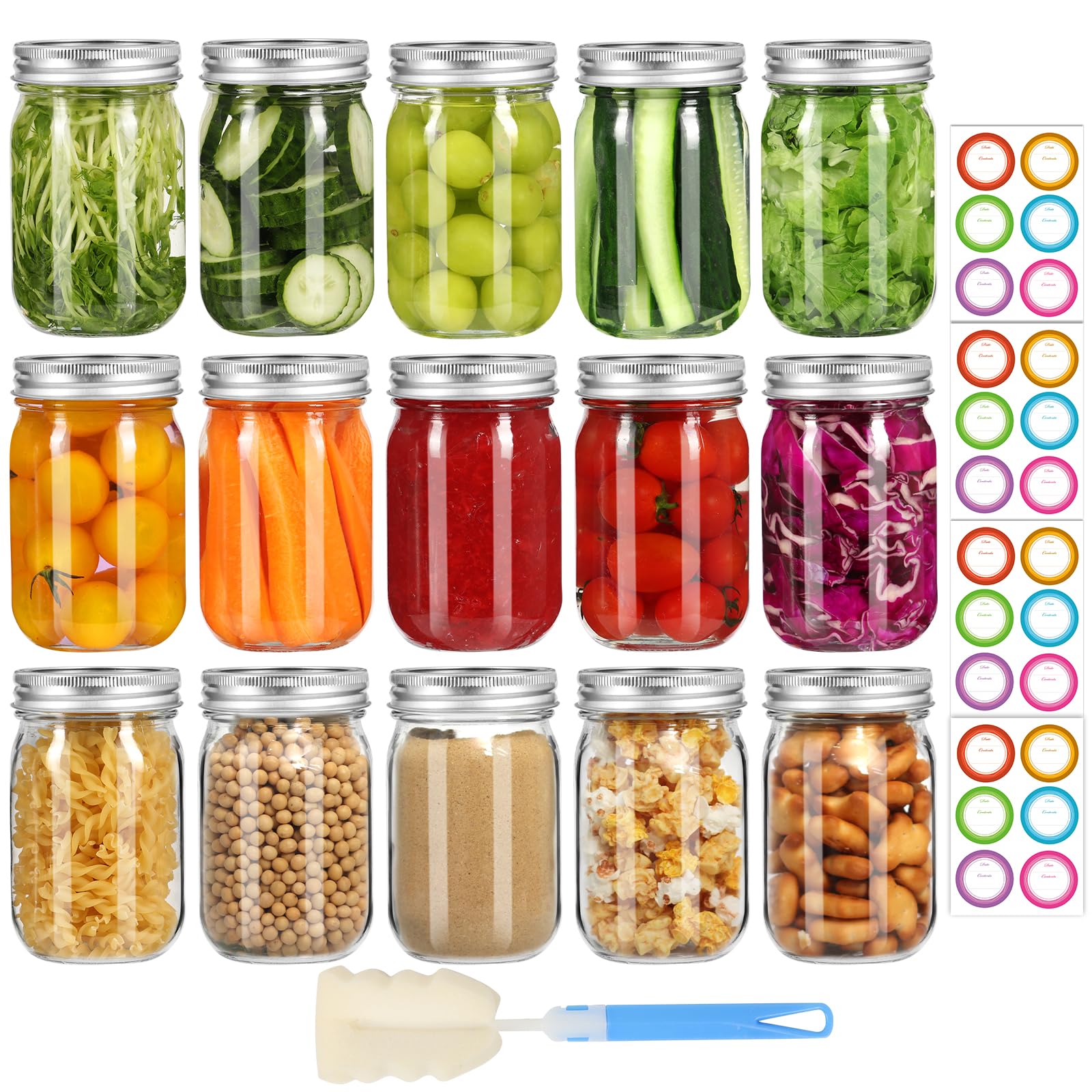 Glass Mason Jars with Lids and Bands 16 oz - 15 Pack Regular Mouth Canning Jars for Food Storage, Pickling, Meal Prep, Overnight Oats, Dry Food & DIY Crafts - Includes 24 Stickers & Brush