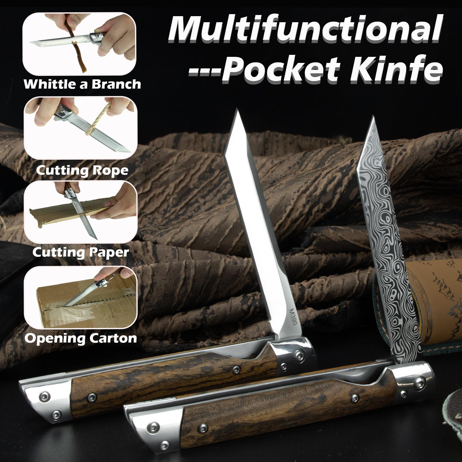 Ogival Pocket Knife for Men, 3.5 inch Folding Knife with Wooden Handle and Leather Sheath, Edc Tanto Knife for Men and Women