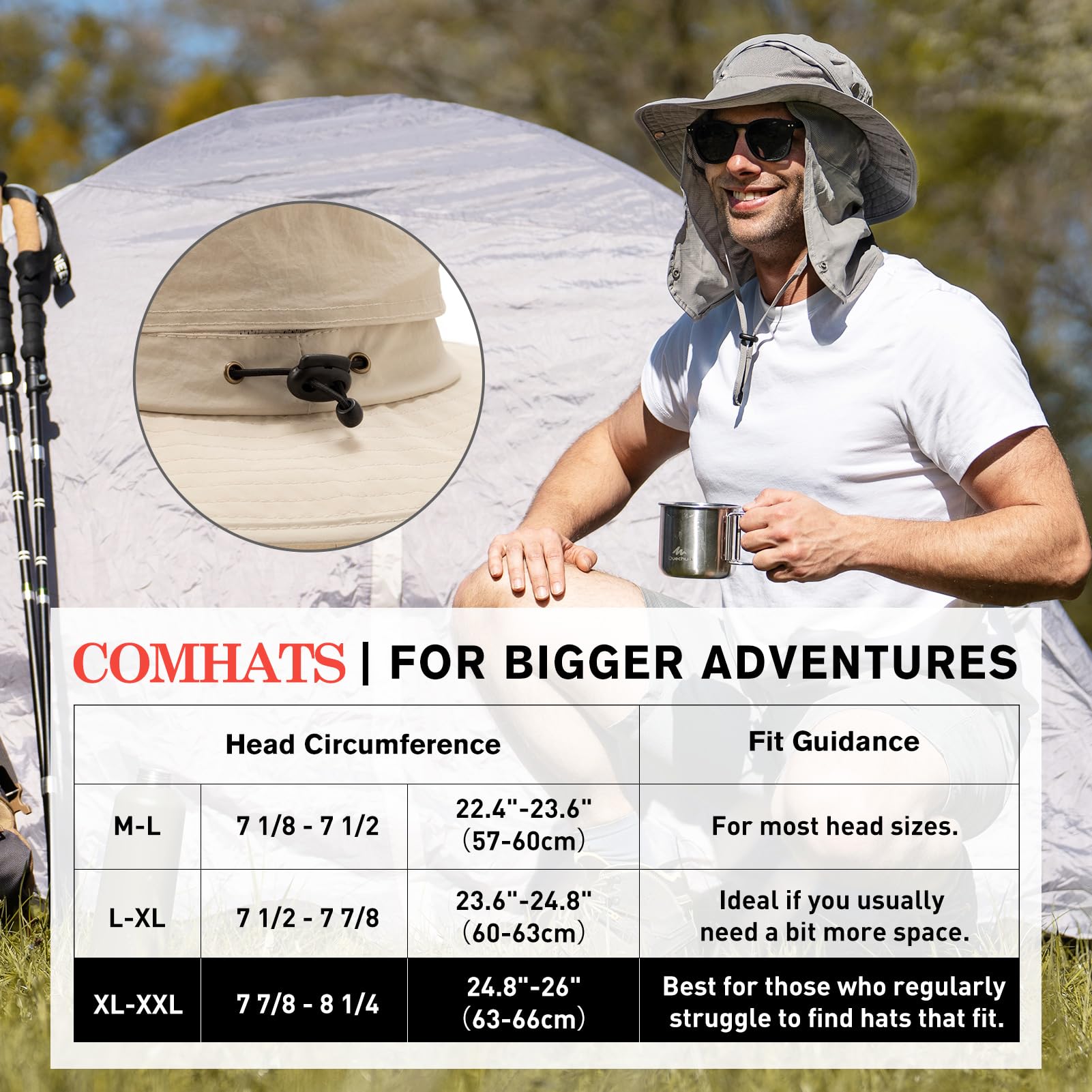 Comhats Sun Hats for Men Neck Cover Flap Protection UPF50+ Wide Brim Summer Boonie Bucket Waterproof Summer Golf Packable Travel Big Head X-Large XX-Large XL XXL Navy Blue