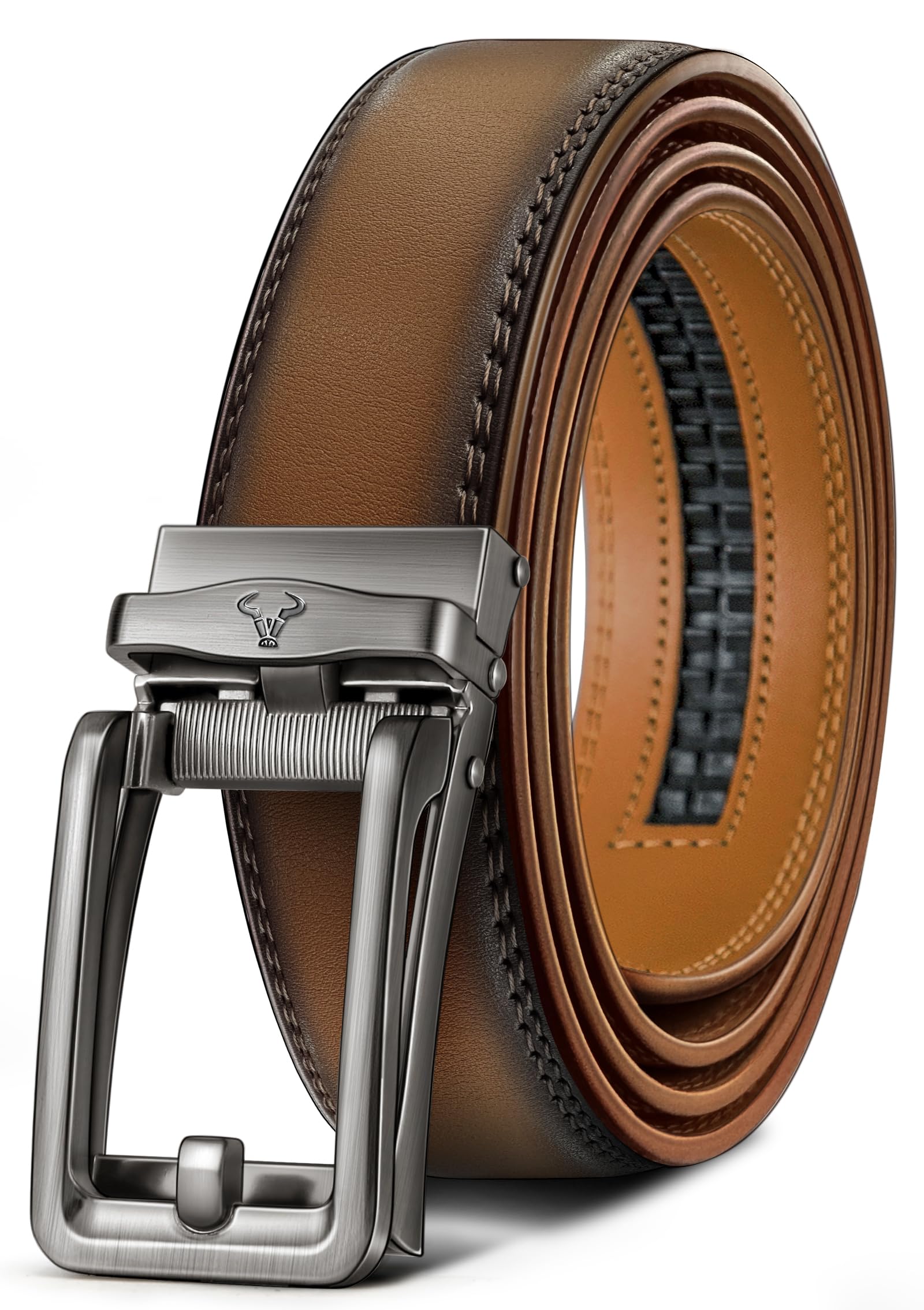 BULLIANT Ratchet Belts Men-Click Leather Belt Adjustable for Men Dress Casual Golf Jeans 1 3/8"-Cut for Fit(Black/Light Brown,32"-38" Waist Adjustable)