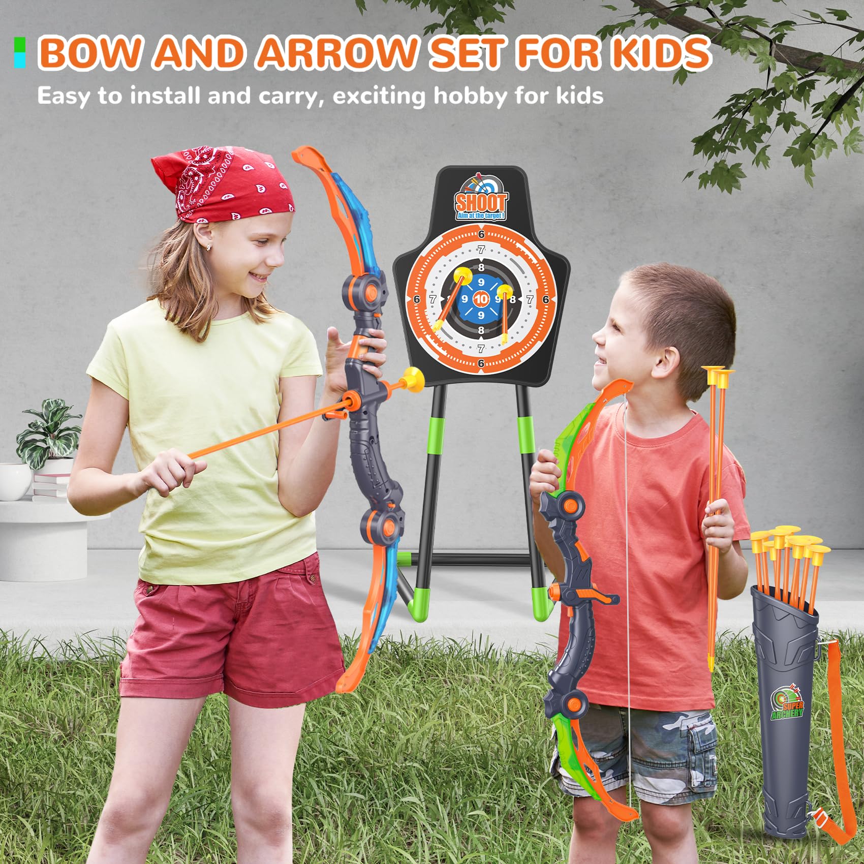 Bow and Arrow for 5 6 7 8 9 10 11+ Year Old Boys, Birthday Gift for Kids, Indoor Outdoor Activity Toys, 2 Pack LED Light Up Archery Toy with 20 Suction Cup Arrows, Standing Target, 2 Quiver