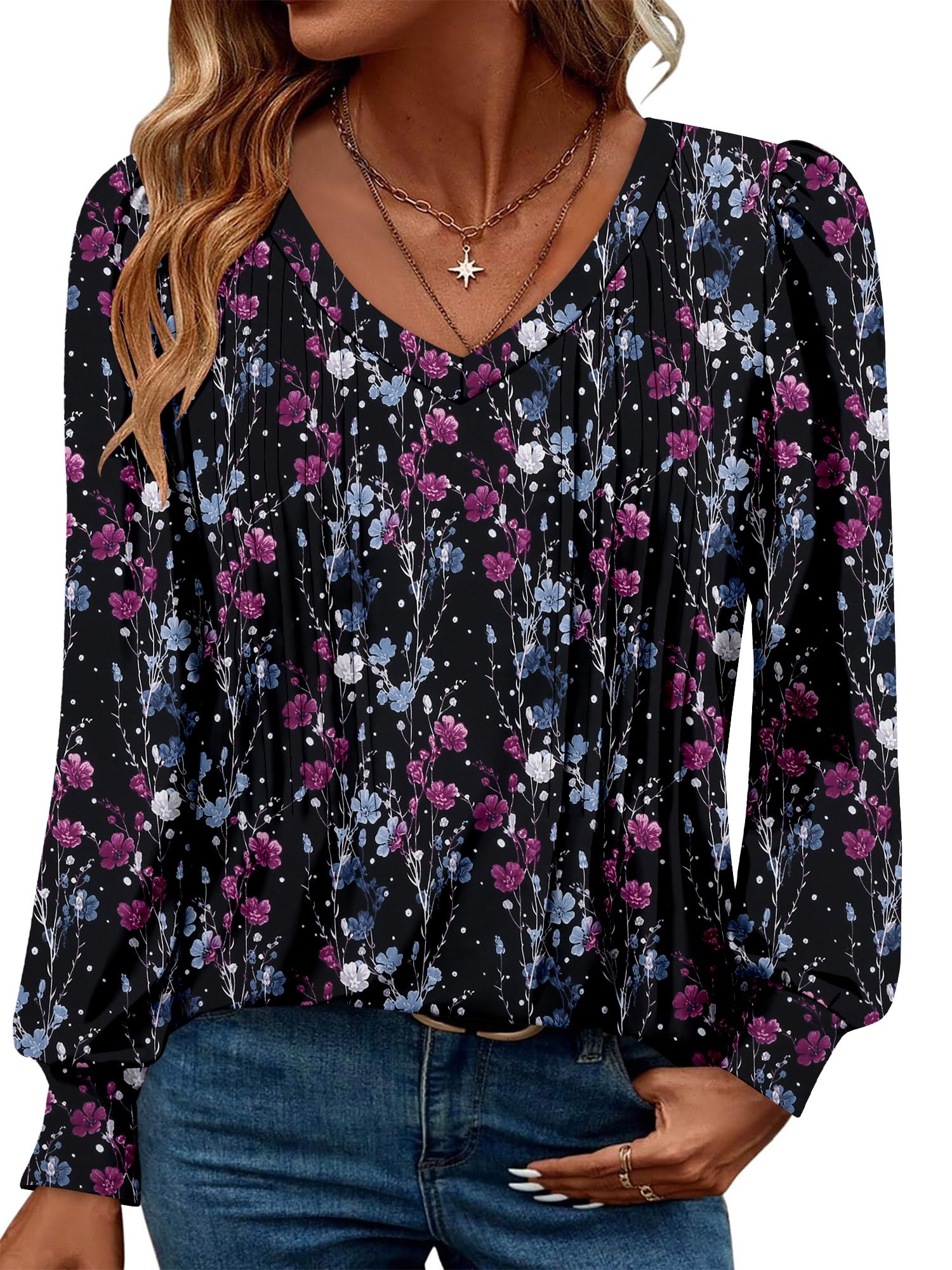BETTE BOUTIK Womens Blouse Boho Long Sleeve Business Casual Shirt Fall Trendy Winter Loose Cute V Neck Flowy Tunic Tosp Plus Size Floral Pleated Tees Plum Black 3X