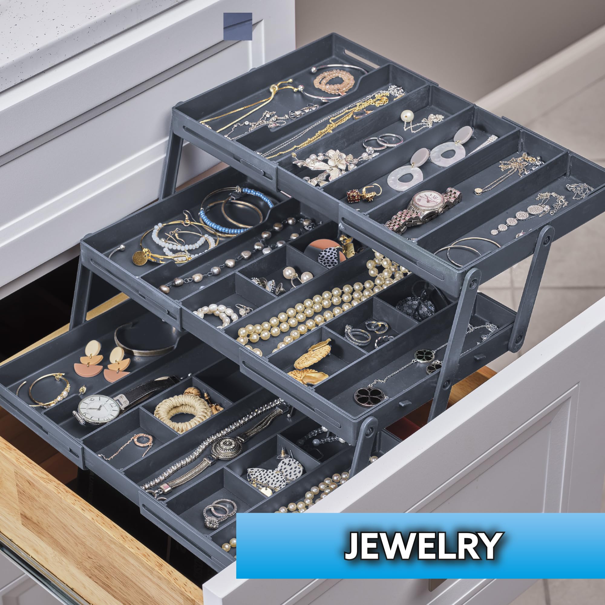 Ontel Smart Drawer Organizer, Multi-Level Jewelry and Cosmetics Storage, Black, 2.65 in