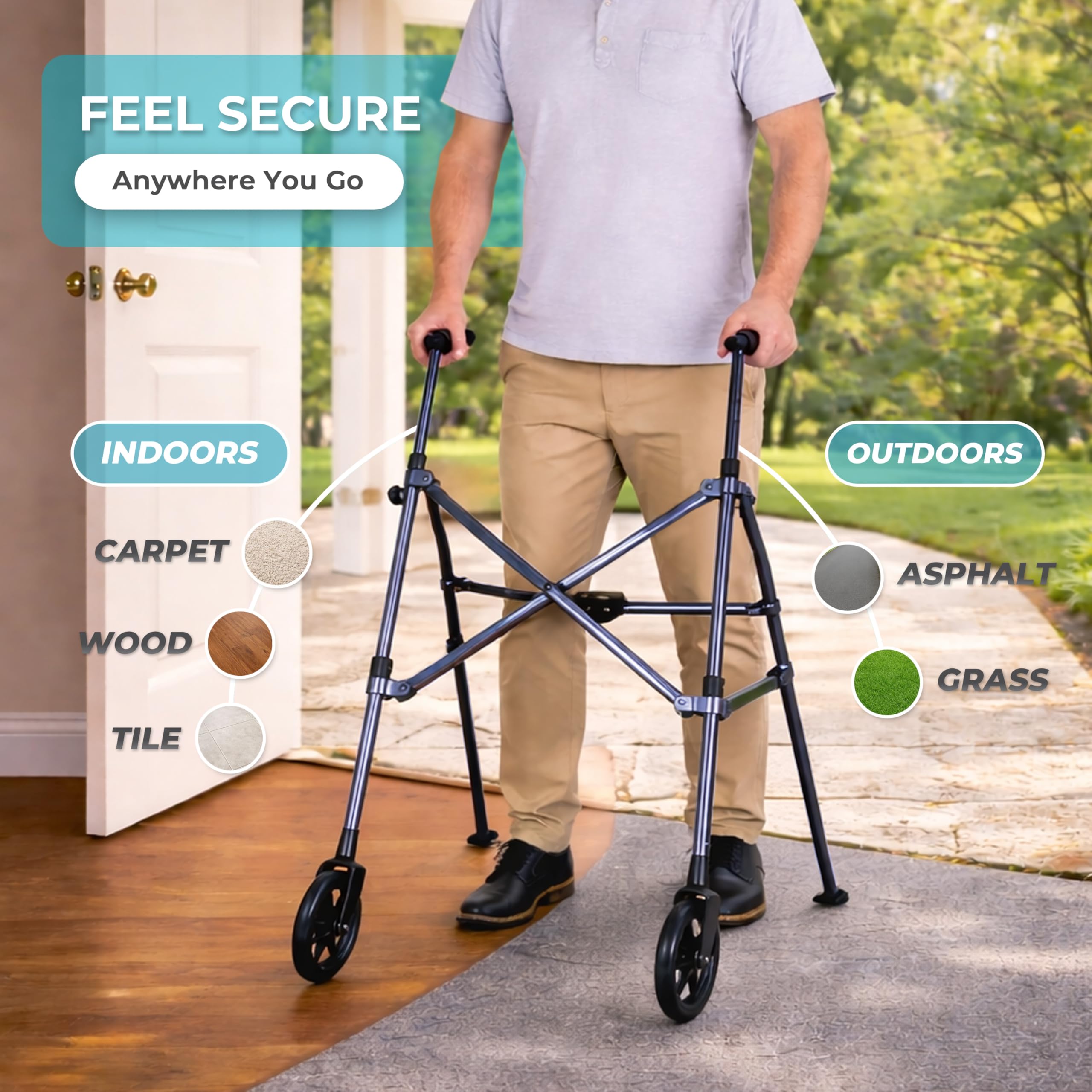 Stander Space Saver Walker, Lightweight Folding Rolling Mobility Aid for Seniors & Adults, Compact 2-Wheel Disability Device with 6-inch Wheels & Ski Glides for Walking Support, Cobalt Blue