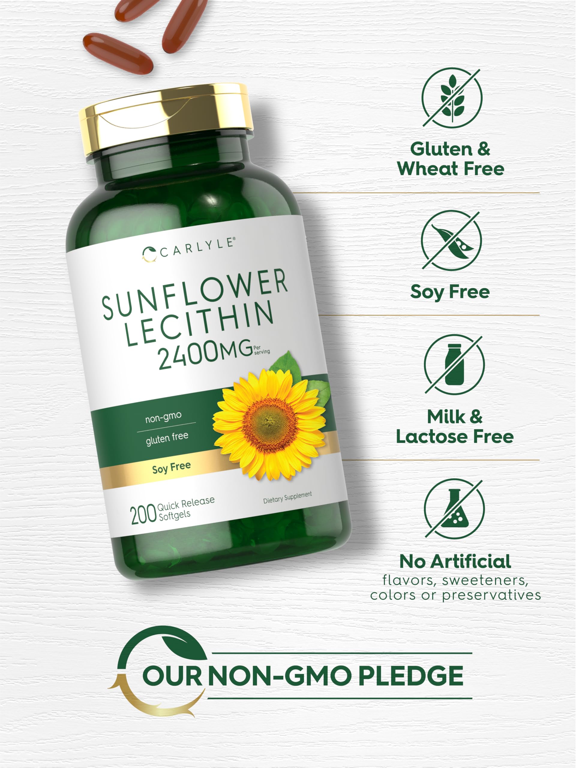 Carlyle Sunflower Lecithin Softgel Capsules | 2400mg | 200 Count | Rich in Phosphatidyl Choline | Non-GMO, Soy Free, Gluten Free Supplement
