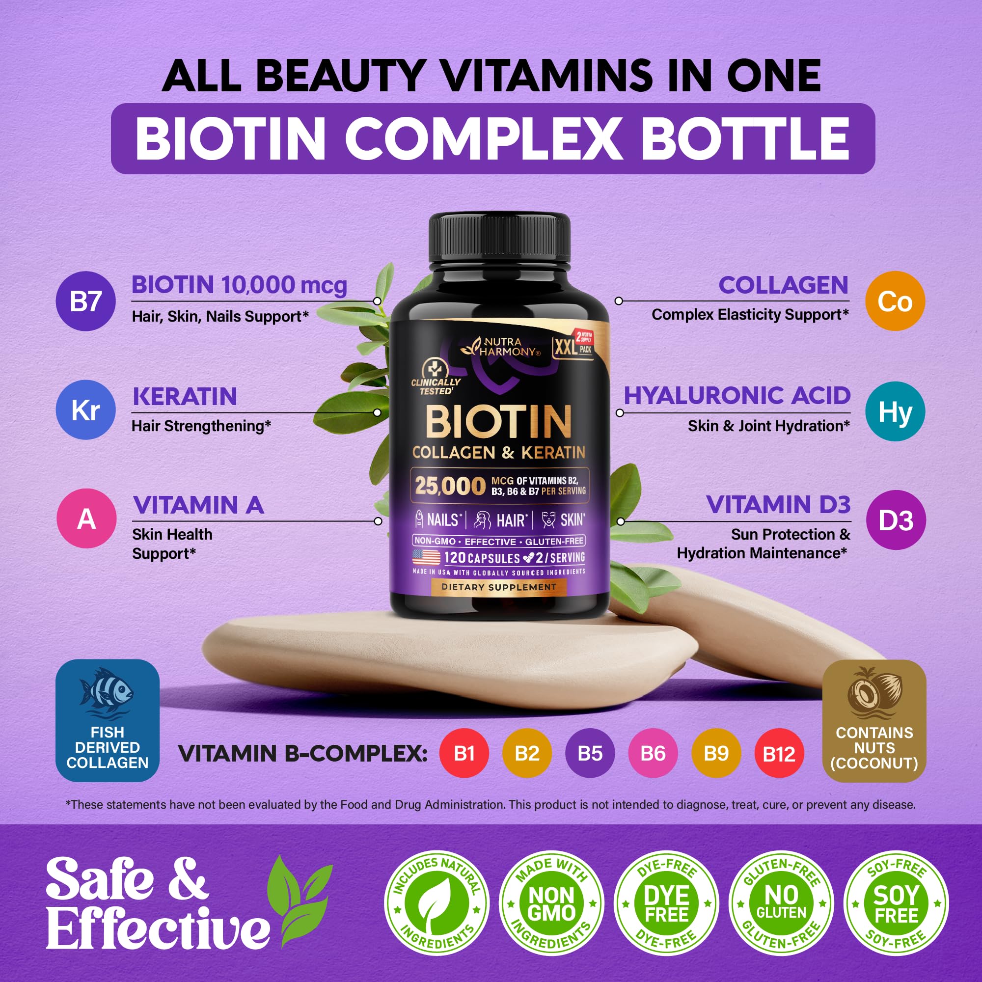 Biotin | Collagen | Hyaluronic Acid | Keratin - Clinically Tested Supplement - Hair Growth Support, Skin & Nails - 25000 mcg Vitamins B2, B3, B6 & B7 + B1 - Made in USA - Women & Men | 120 Capsules