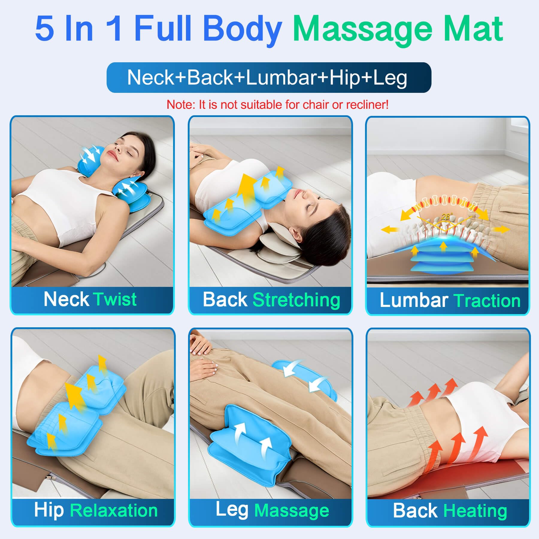 Full Body Massage Mat, 3D Body Stretching & Lumbar Traction, Back Heating, Traction Up & Down, Curve Stretch, Twist Left & Right, 4 Modes 3 Intensities 3 Heat Levels, PU Leather, Foldable, Fit 5'1-6'0