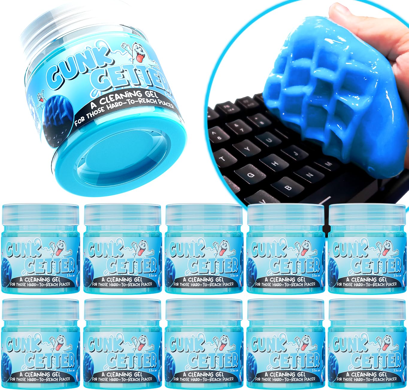 Gunk Getter 12 PACK Cleaning Gel for Those Hard to Reach Places, Automotive Cup Holder Electronic Keyboard Office, Slime Gel Cleaner Dust Crumb Removal (Jar, Blue, 3.5oz)
