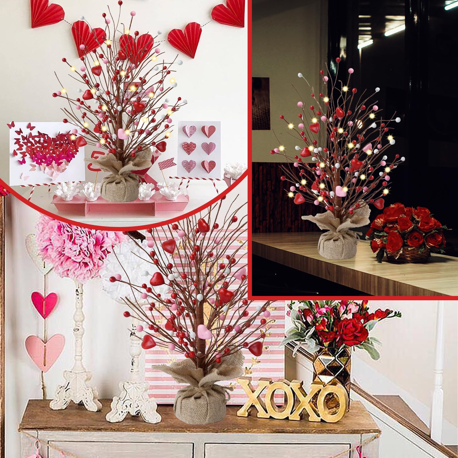 CRCZK 19" H Valentines Day Heart Table Tree Decorative Red Love Berries, Artificial Tree Decor for Valentines Day Party Festival Home Decor.