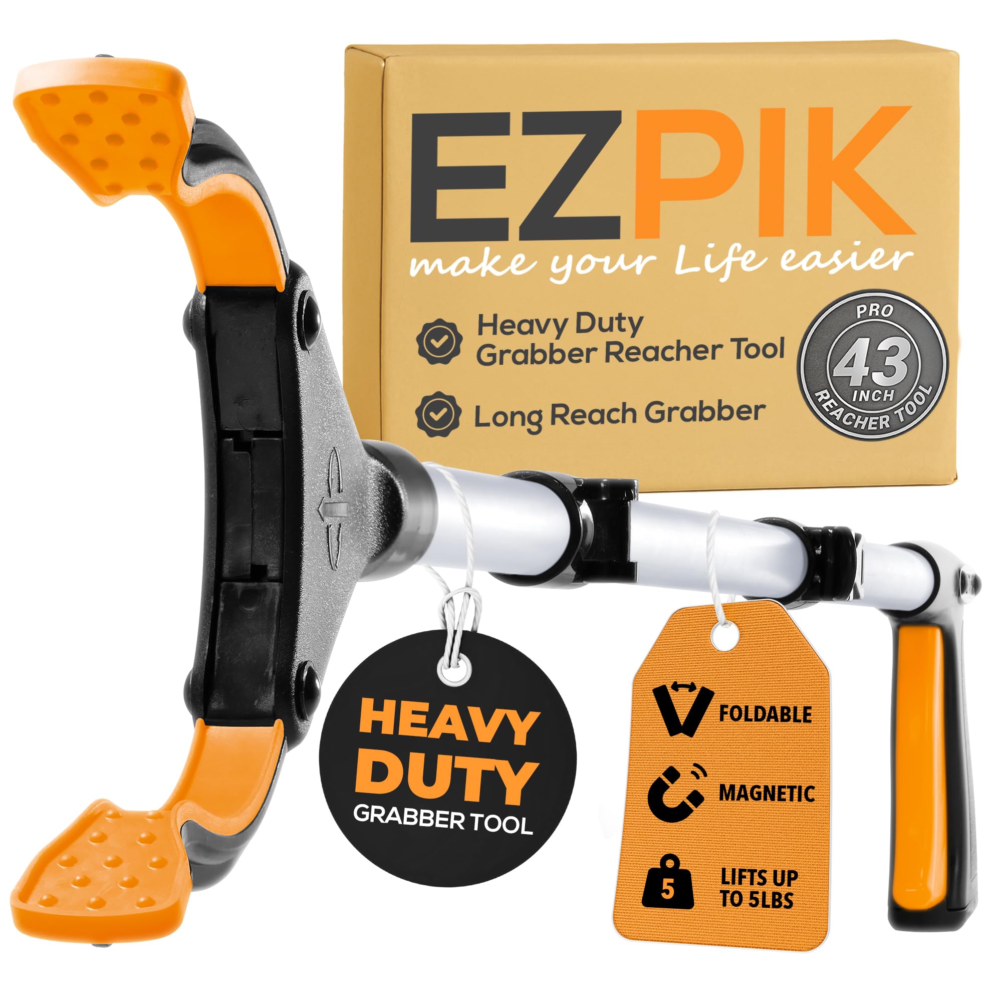 EZPIK Pro 43" Foldable Grabber Reacher Tool for Seniors - Grabbers for Elderly Reaching Tool Heavy Duty Pickup Trash Picker Upper Equipment - Claw Grabber Stick for Reaching Aids, Weed Gripper