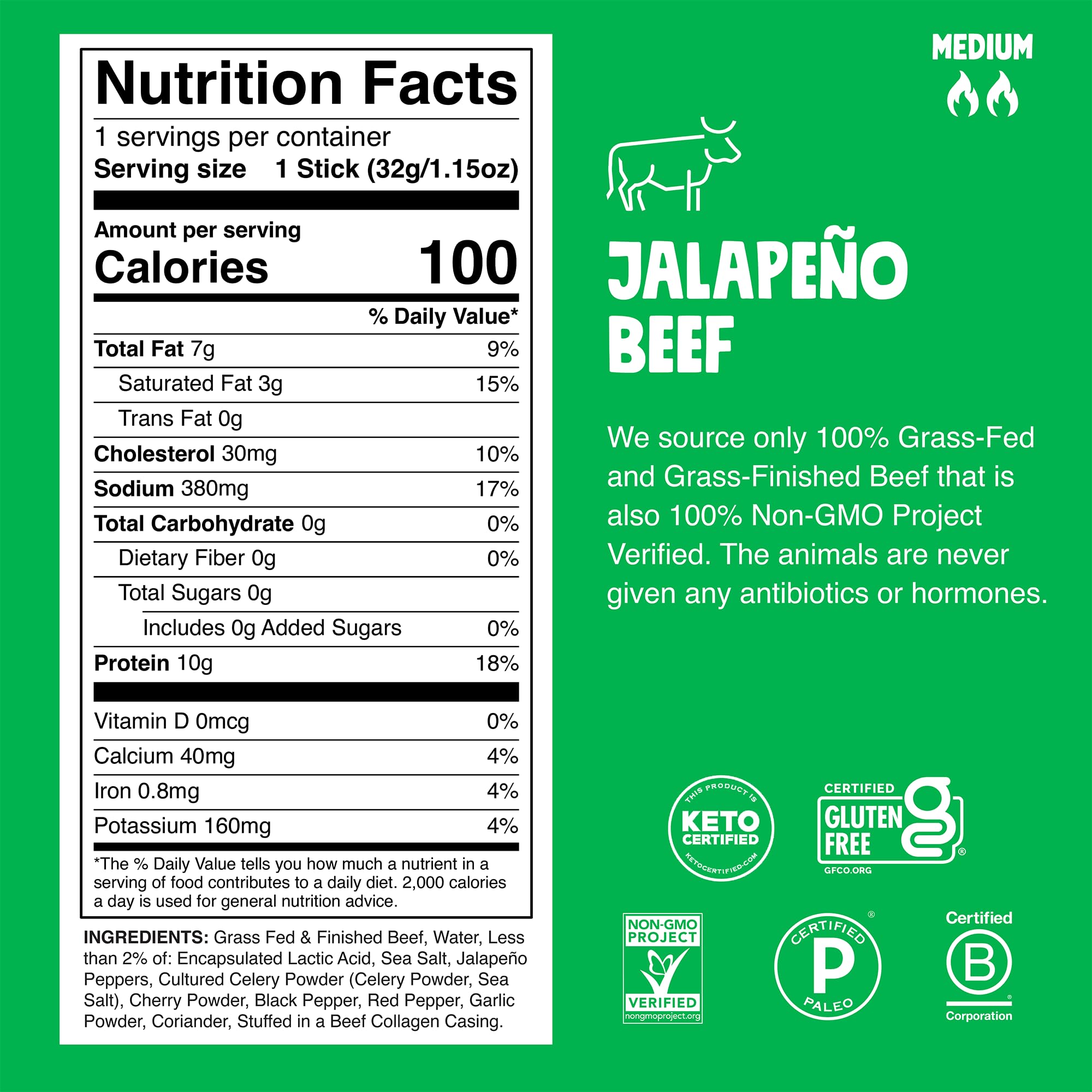 Chomps Grass-Fed and Finished Jalapeño Beef Jerky Snack Sticks 10-Pack - Keto, Paleo, Whole30, 10g Lean Meat Protein, Gluten-Free, Zero Sugar Food, Non-GMO