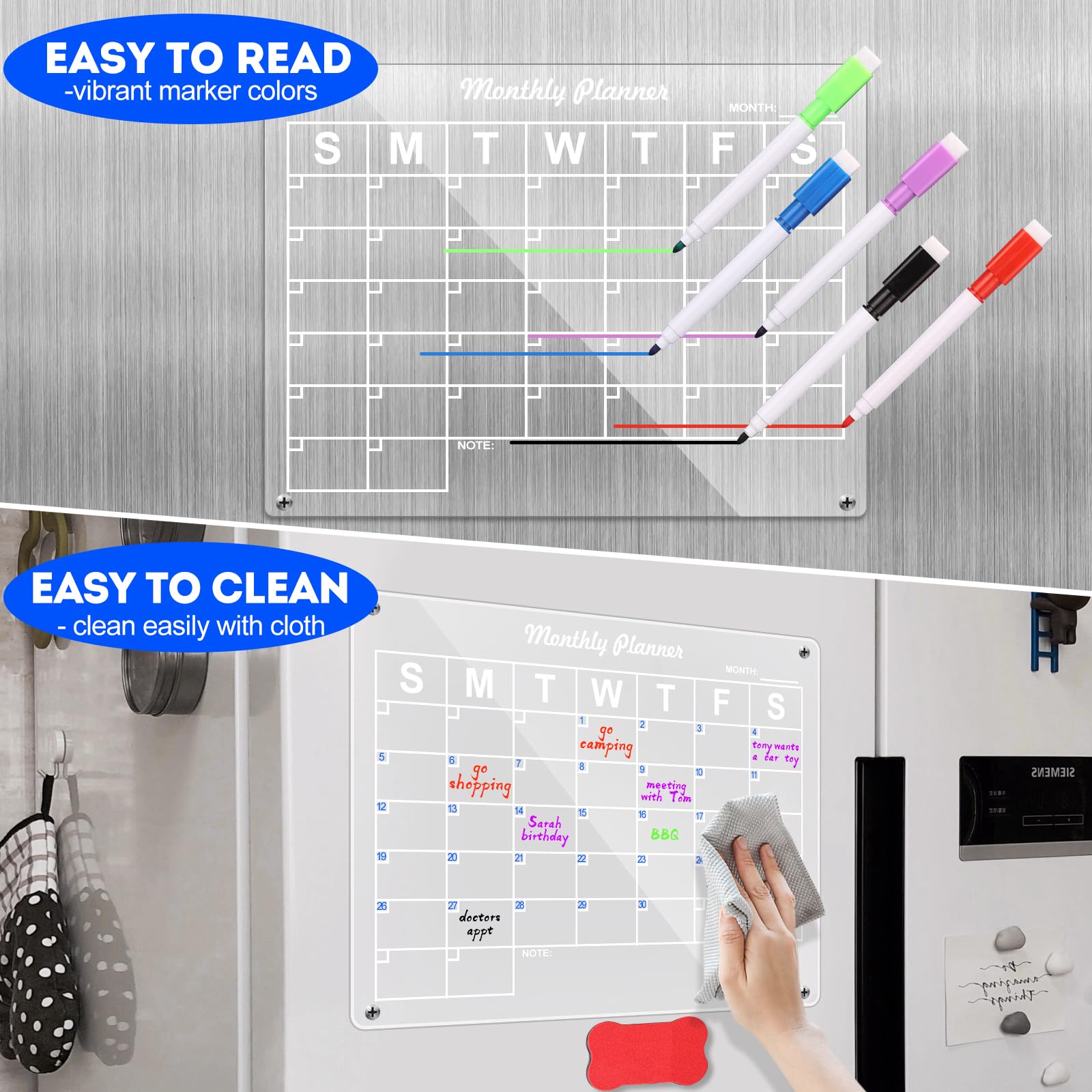 Acrylic Calendar for Fridge Clear Magnetic Calendar for Fridge 2PCS Easy to Read and Clean Reusable Planner Planning Board 6 Dry Erase Markers