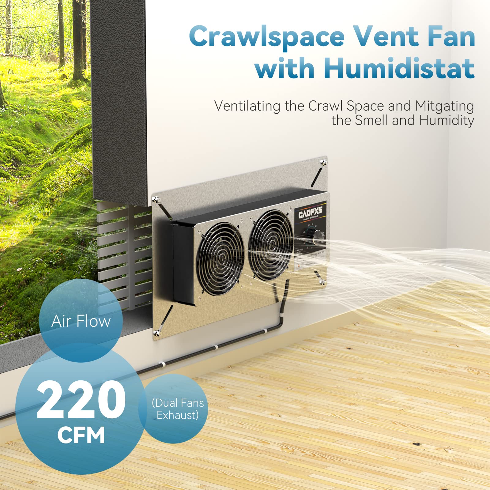 CADPXS Crawlspace Ventilation Fan, Crawlspace Fan Vent with Humidistat, Dehumidistat & Freeze Protection Thermostat, for Crawl Spaces/Basement/Garage/Attic/Hydroponics Grow Tents (220 CFM Air Out)