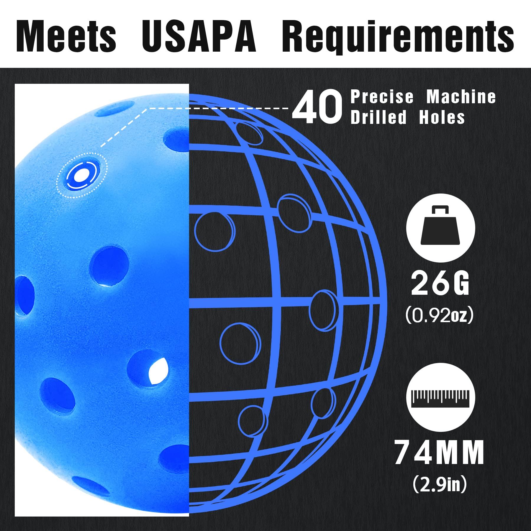 Vvinca Outdoor Pickleball Balls 6 Packs, Meet USAPA Requirement 40 Holes Pickleball.