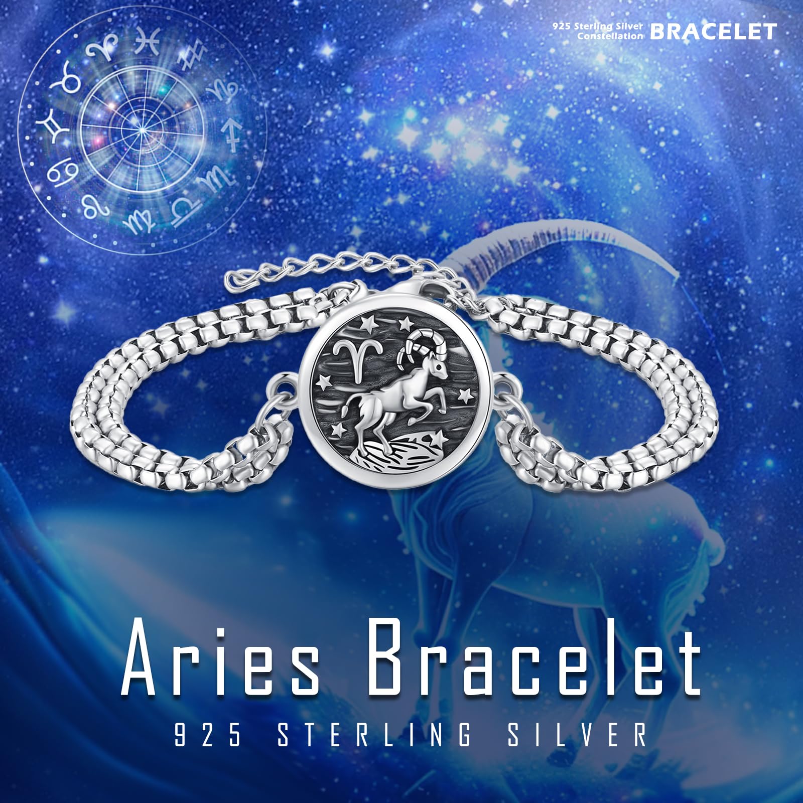 XIXLES Aries Zodiac Jewelry 925 Sterling Silver Aries Constellation Medal Bracelet,Fashion Retro Astrology Horoscope Sign Adjustable Bracelet, Aries Birthday Jewelry Graduation Gifts for Women Mom